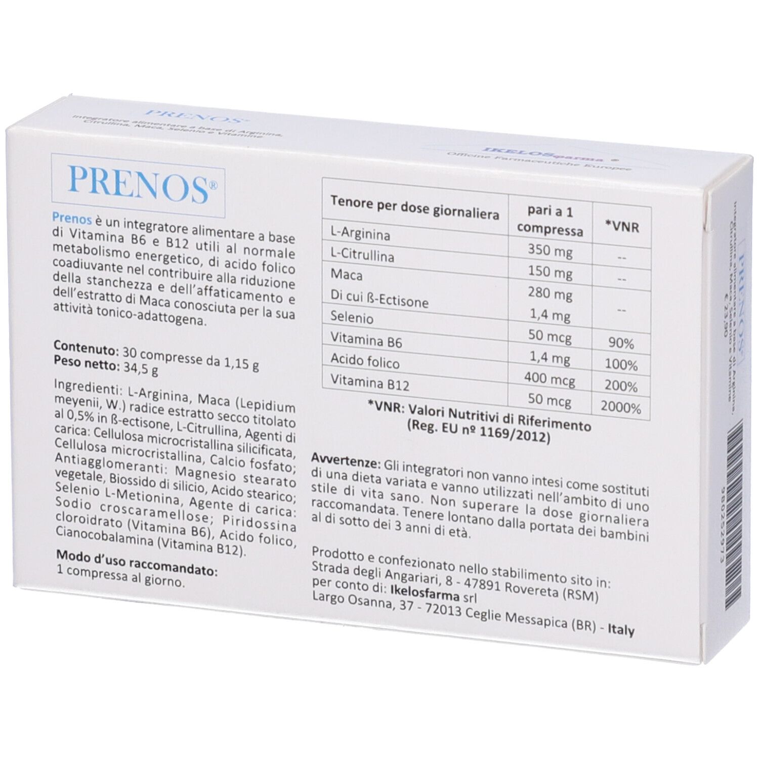 Retro della scatola "PRENOS". Contiene informazioni su ingredienti, valori nutrizionali e istruzioni per l'uso. Testo in italiano.