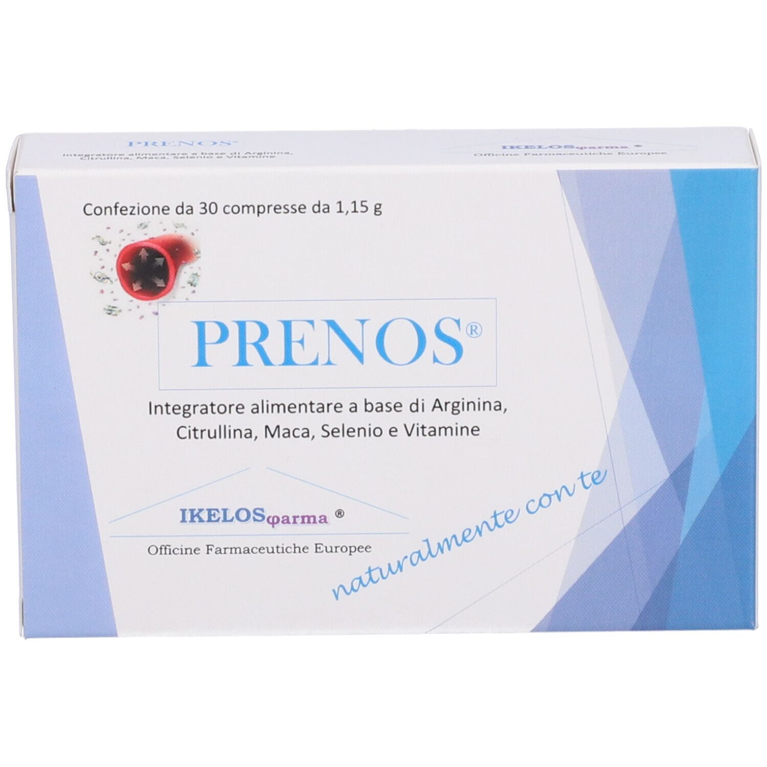Scatola bianca con logo "PRENOS". Contiene 30 compresse. Testo: Integratore alimentare a base Arginina, Citrullina, Maca, Selenio e Vitamine.