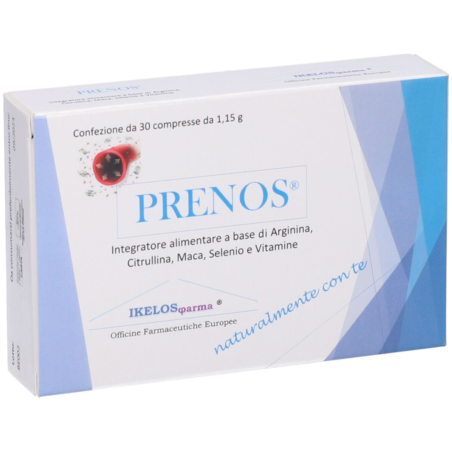 Scatola bianca con logo "PRENOS". Contiene 30 compresse. Testo: Integratore alimentare a base Arginina, Citrullina, Maca, Selenio e Vitamine.