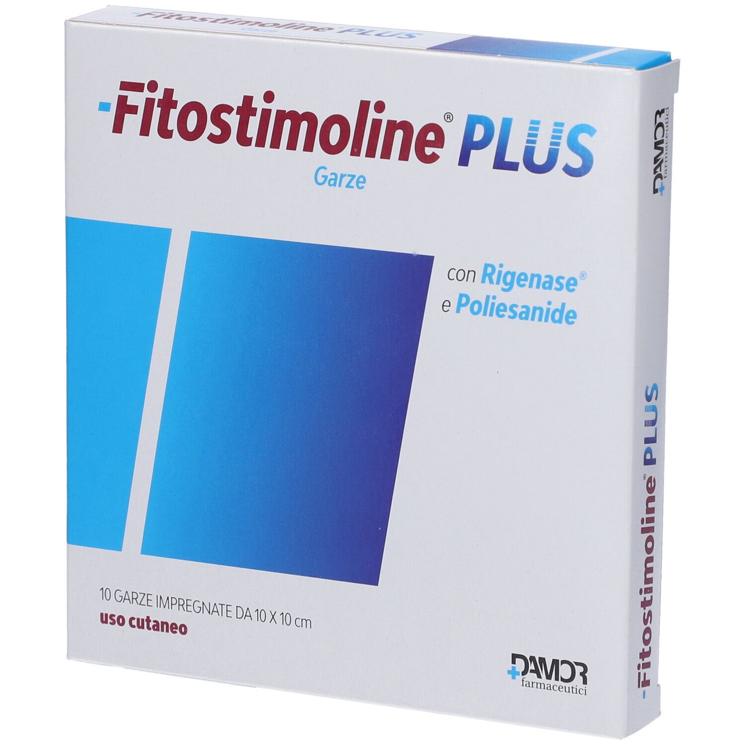 Confezione Fitostimoline PLUS Garze. Scatola bianca con area blu e informazioni sul prodotto. Contiene 10 garze impregnate.