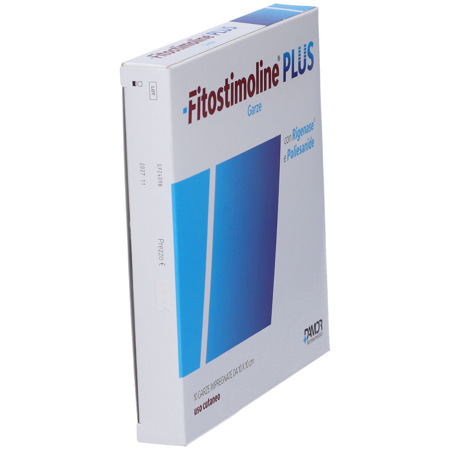 Confezione Fitostimoline PLUS Garze, angolata. Scatola bianca con area blu e informazioni sul prodotto. Contiene 10 garze impregnate.