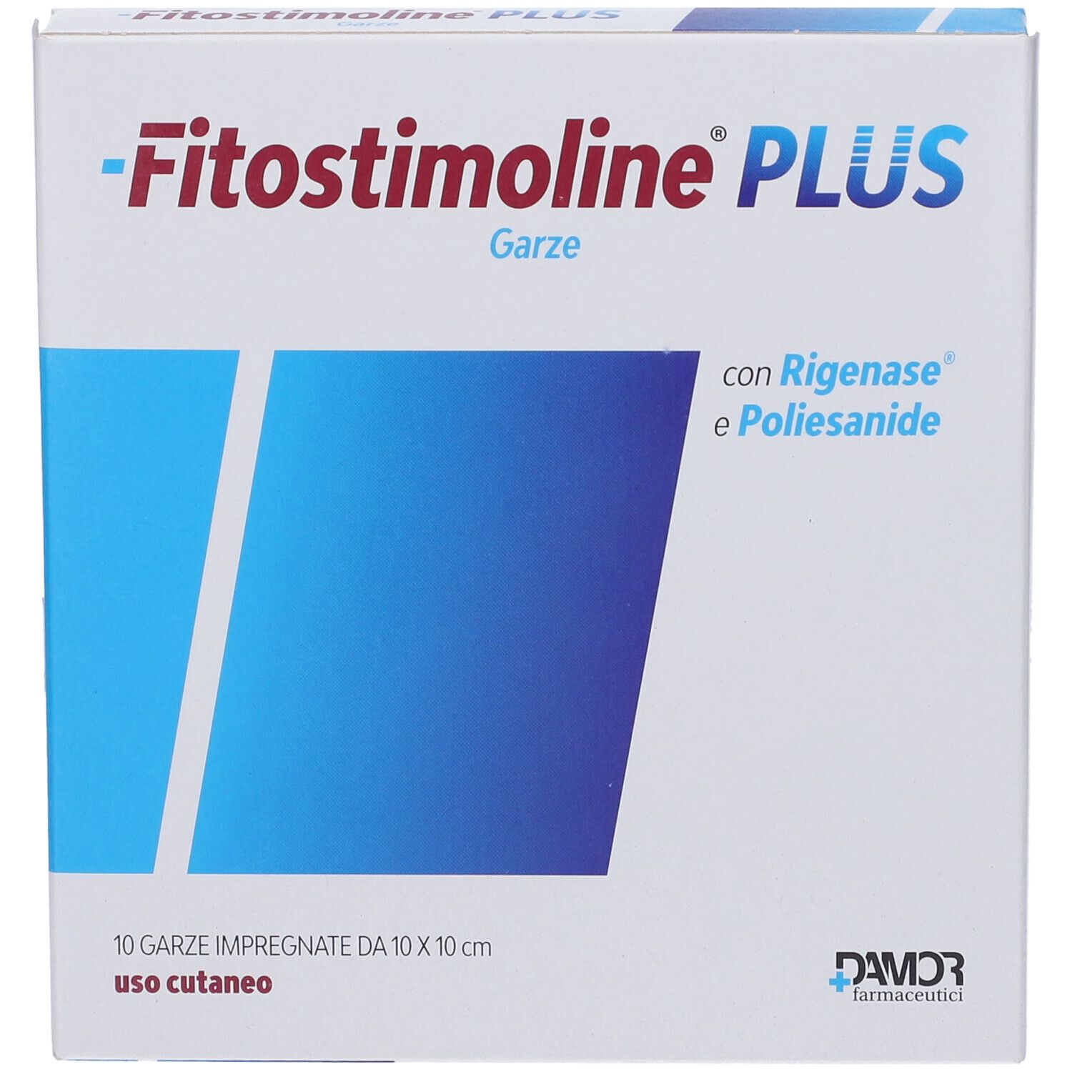 Confezione Fitostimoline PLUS Garze. Scatola bianca con area blu e informazioni sul prodotto. Contiene 10 garze impregnate 10x10cm.