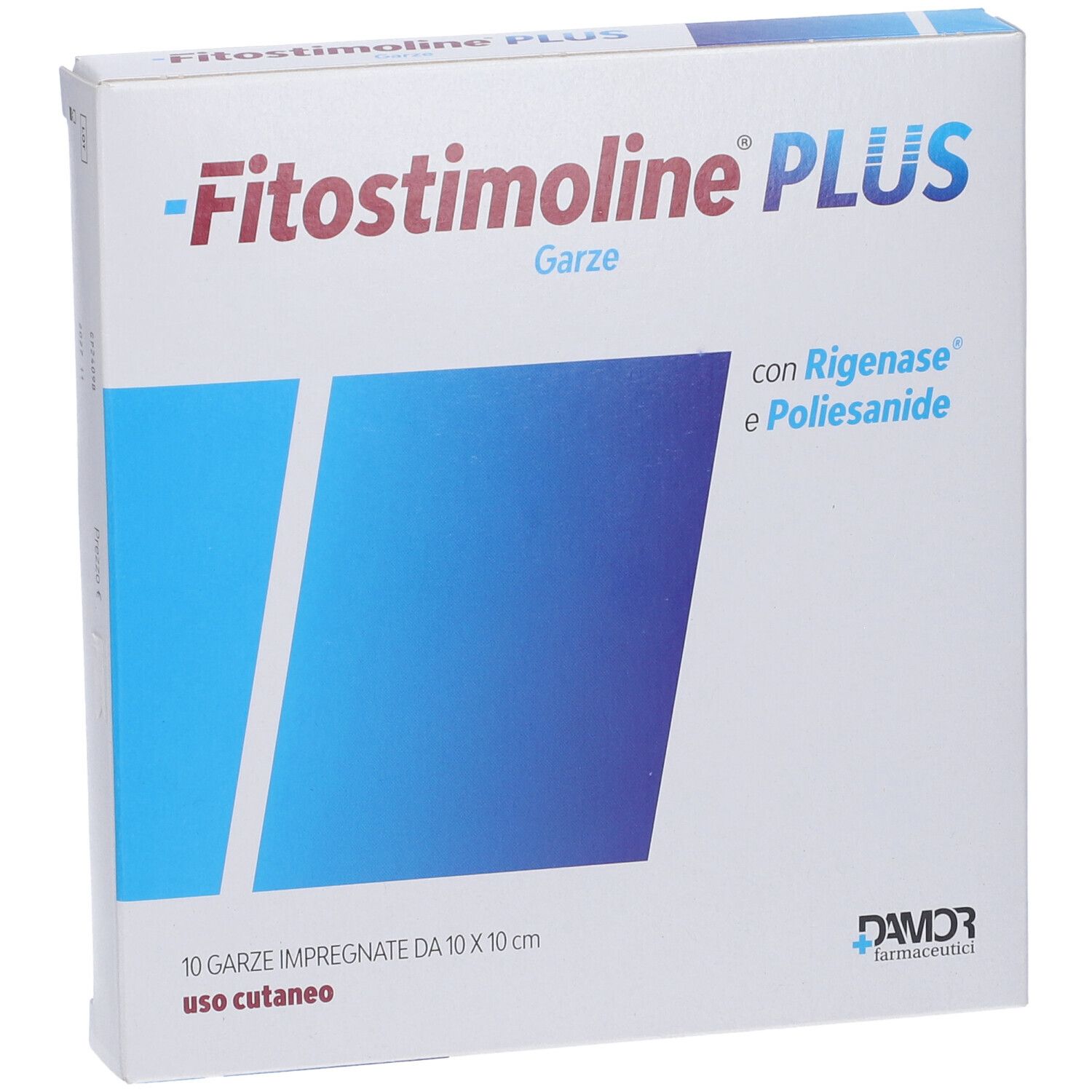 Confezione Fitostimoline PLUS Garze. Scatola bianca con area blu e informazioni sul prodotto. Contiene 10 garze impregnate 10x10cm.
