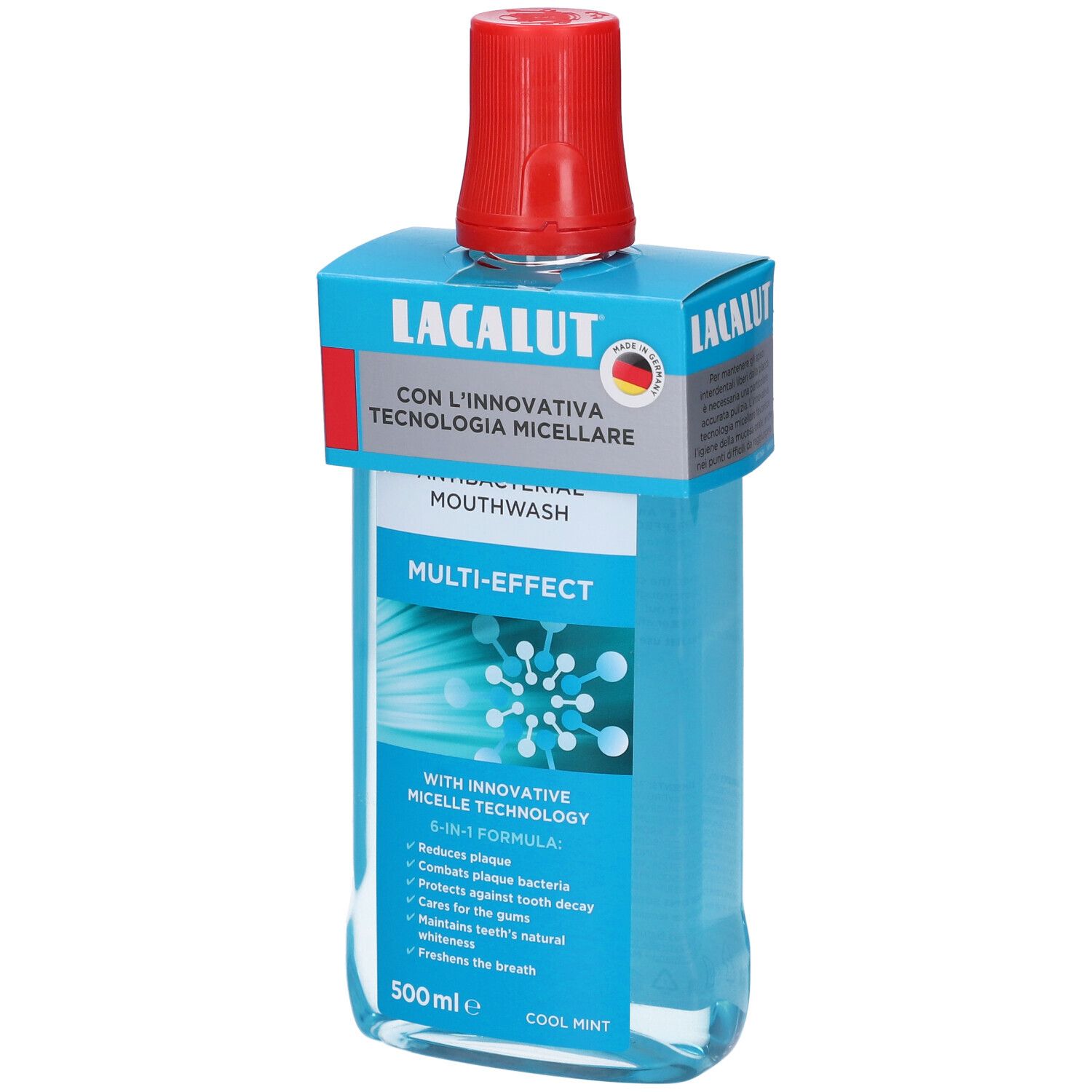 Lacalut Collutorio Micellare Multi-Effect. Bottiglia blu con tappo rosso. Etichetta con testo.