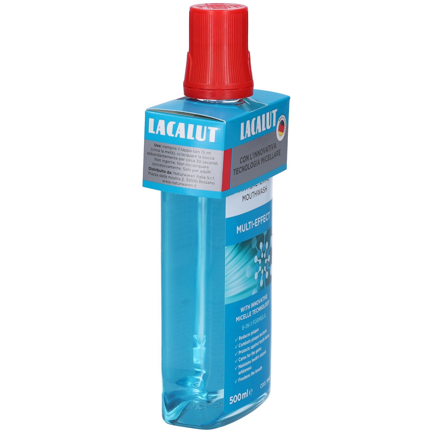 Lacalut Collutorio Micellare Multi-Effect. Bottiglia blu con tappo rosso. Etichetta con testo.