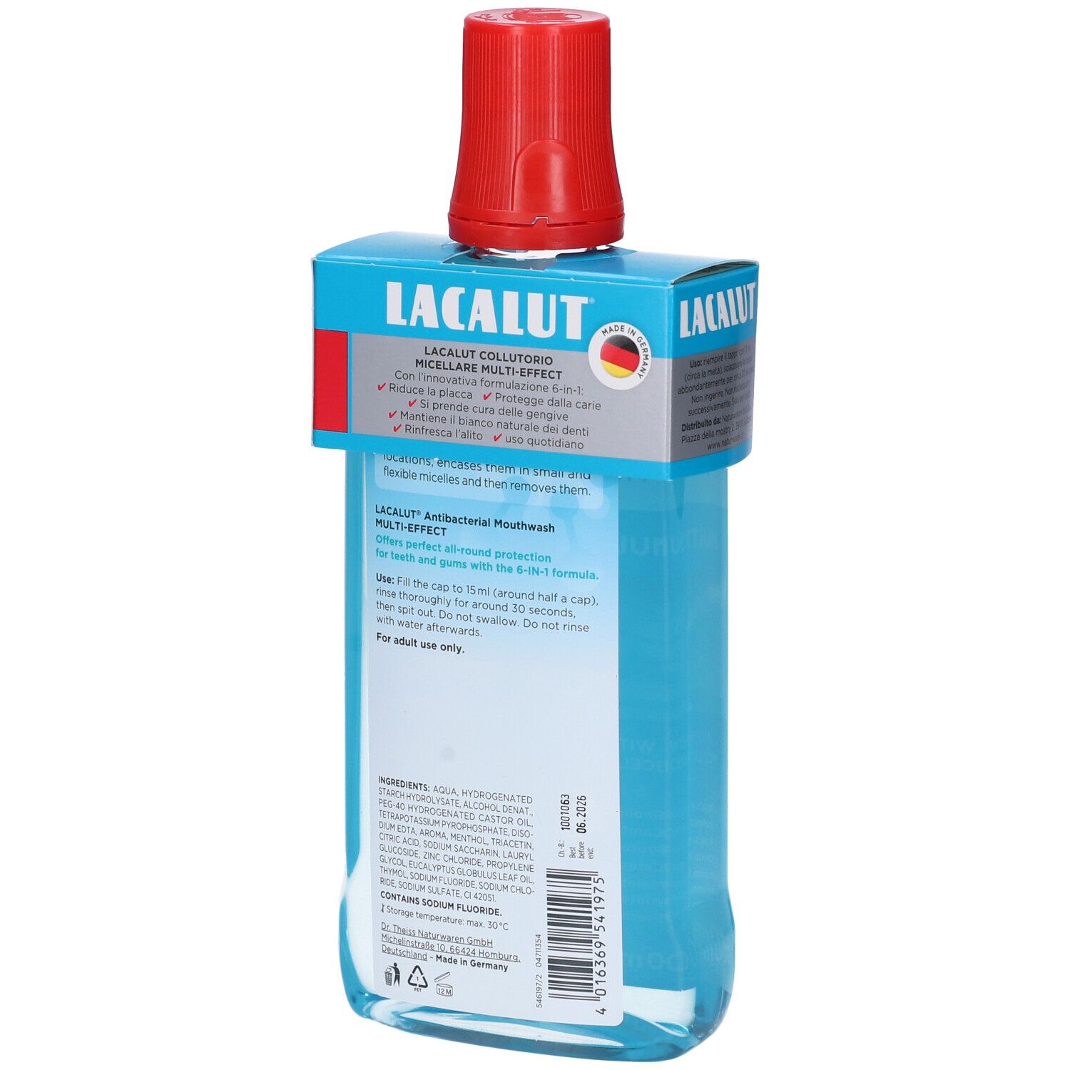 Lacalut Collutorio Micellare Multi-Effect. Retro della bottiglia. Testo sull'etichetta. Tappo rosso.