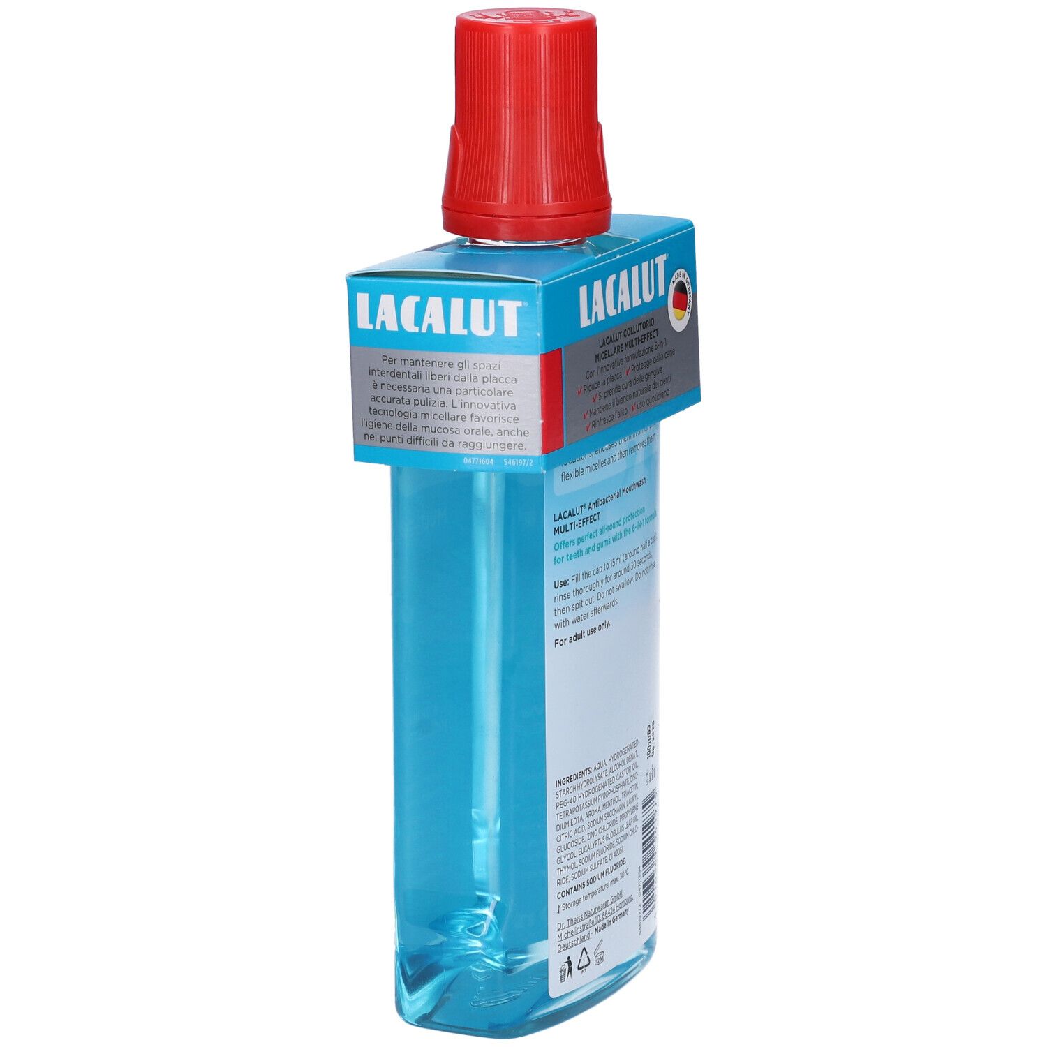 Lacalut Collutorio Micellare Multi-Effect. Retro della bottiglia. Testo sull'etichetta. Tappo rosso.