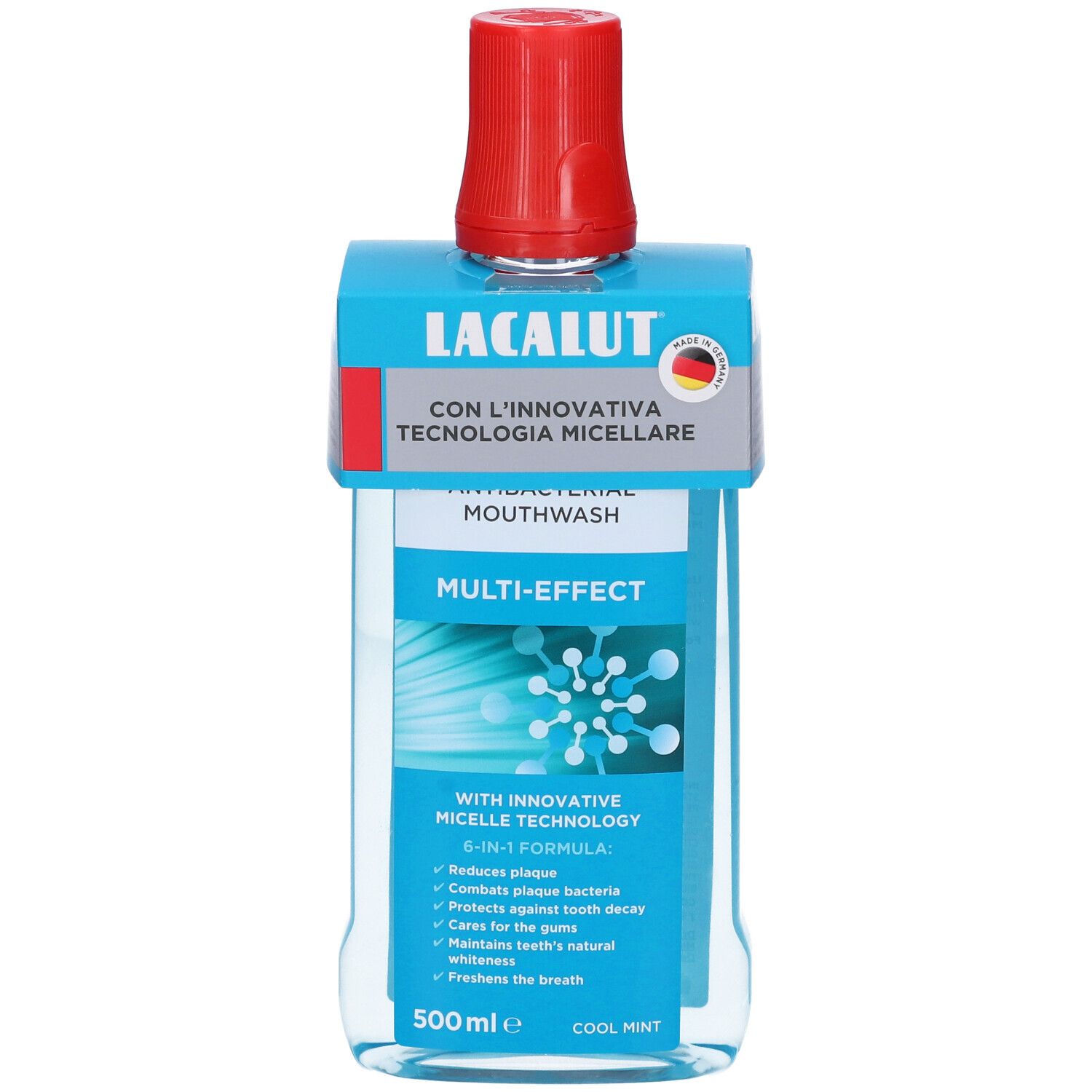 Lacalut Collutorio Micellare Multi-Effect. Bottiglia blu con tappo rosso. Etichetta con testo.