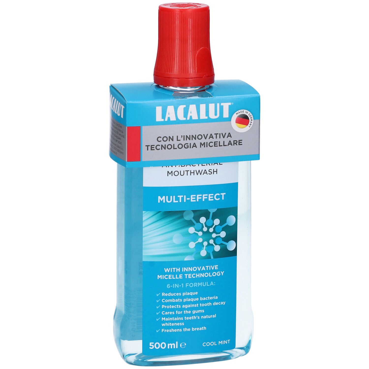 Lacalut Collutorio Micellare Multi-Effect. Bottiglia blu con tappo rosso. Etichetta con testo.