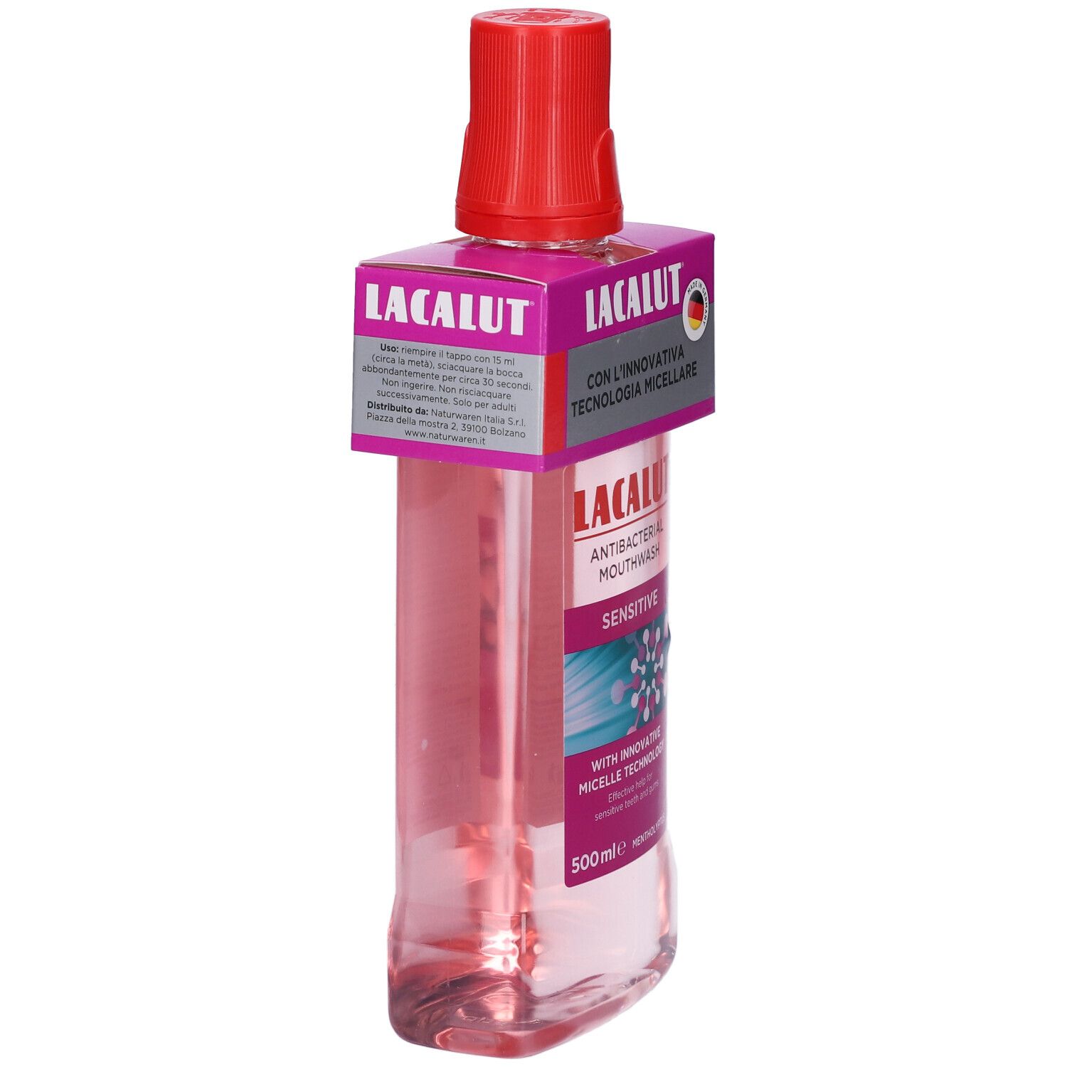 Flacone di collutorio con tappo rosso ed etichetta. Scritta: LACALUT, Antibatterico, Sensitive. Con tecnologia micellare.