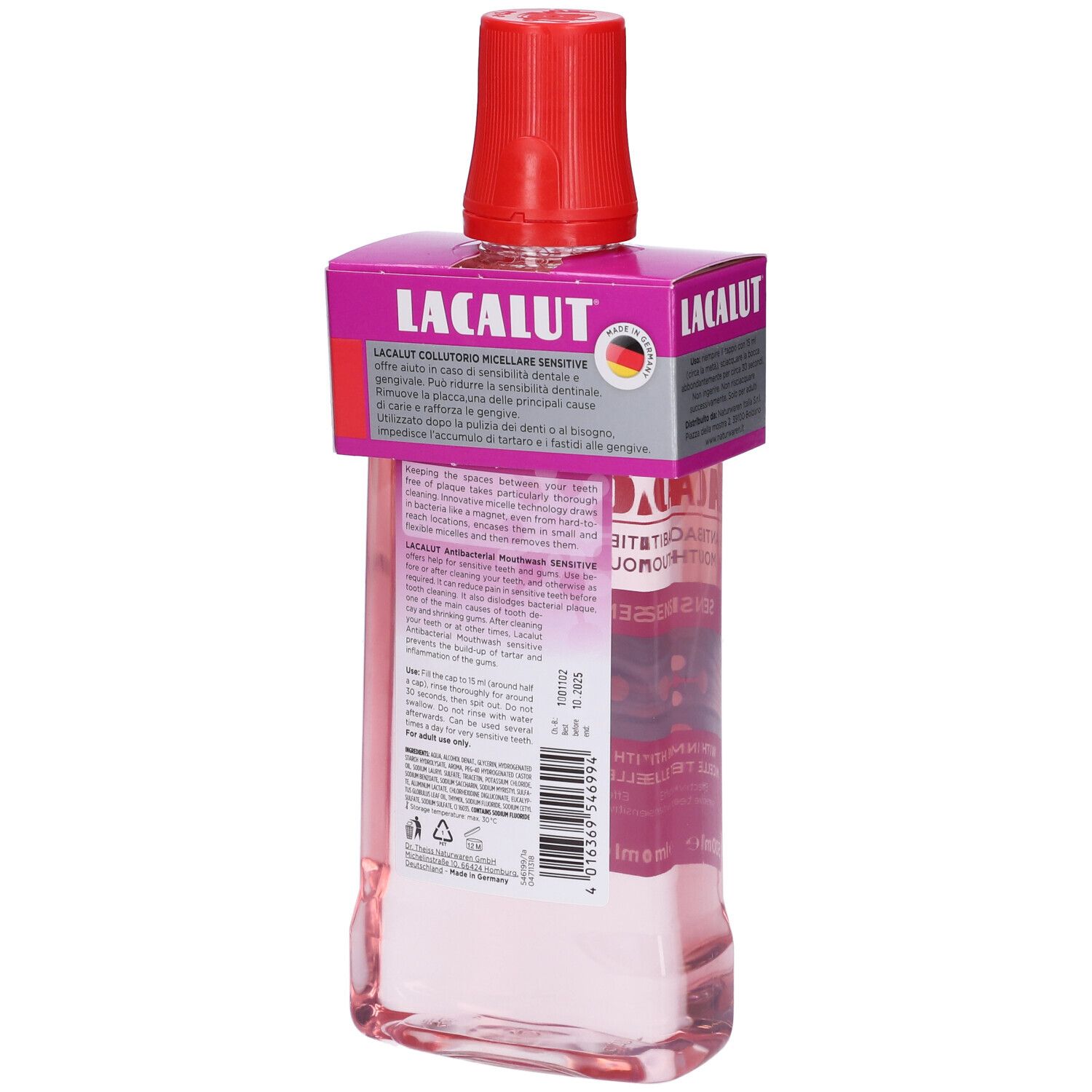 Retro del flacone di collutorio. Scritta: LACALUT, ingredienti, istruzioni. Con tappo rosso ed etichetta.