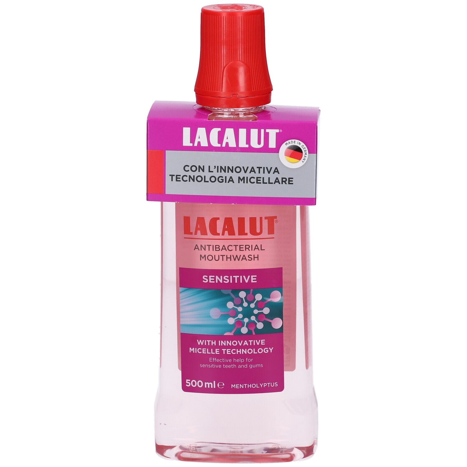 Flacone di collutorio con tappo rosso ed etichetta. Scritta: LACALUT, Antibatterico, Sensitive. Con tecnologia micellare.