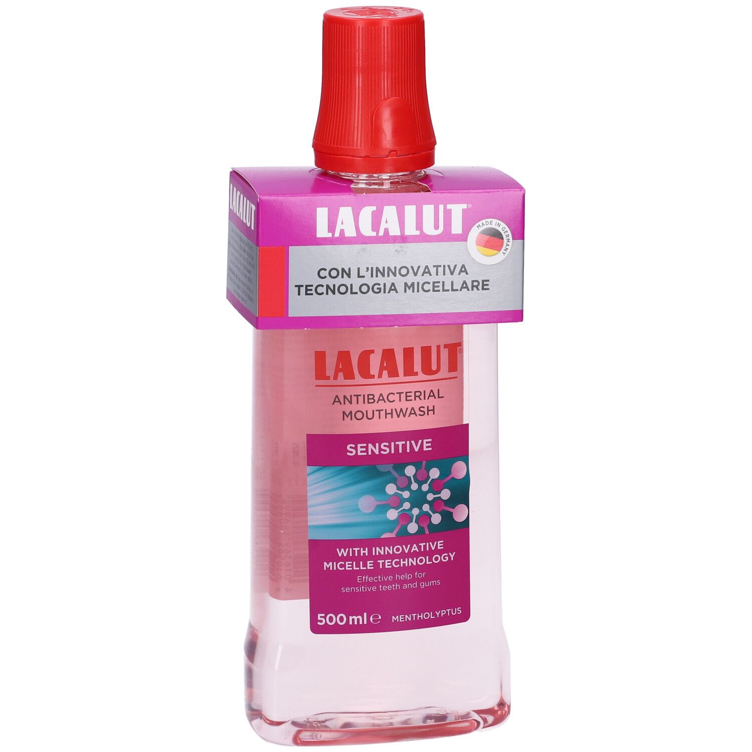 Flacone di collutorio con tappo rosso ed etichetta. Scritta: LACALUT, Antibatterico, Sensitive. Con tecnologia micellare.