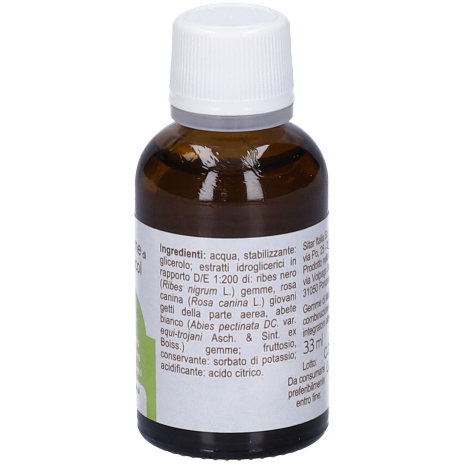 Flacone di vetro marrone con tappo bianco. Scritta: Gemme di Micol, combinazione O. Elenco ingredienti.