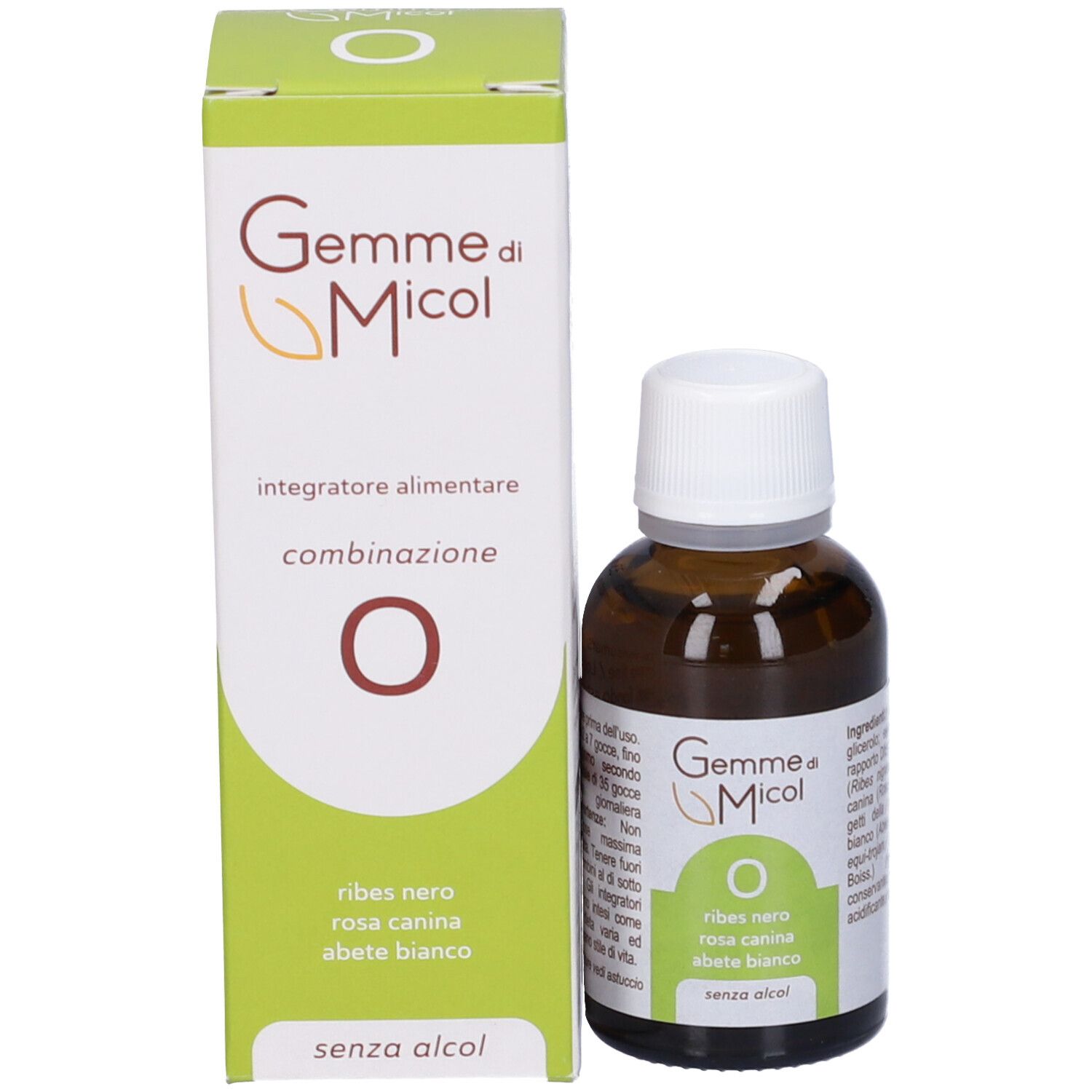 Prodotto e confezione. Scritta: Gemme di Micol, combinazione O. Contiene ribes nero, rosa canina, abete bianco.