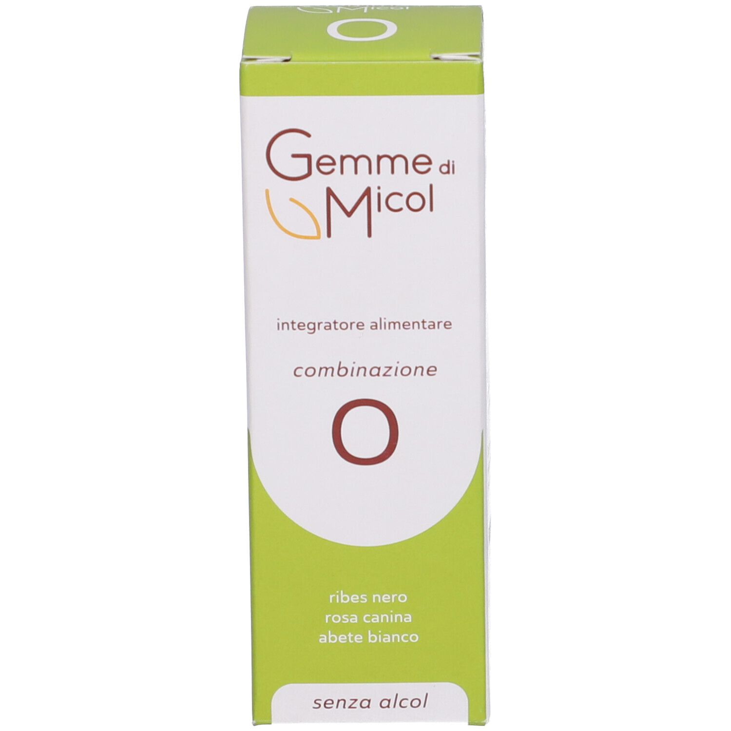 Confezione. Scritta: Gemme di Micol, combinazione O. Contiene ribes nero, rosa canina, abete bianco.