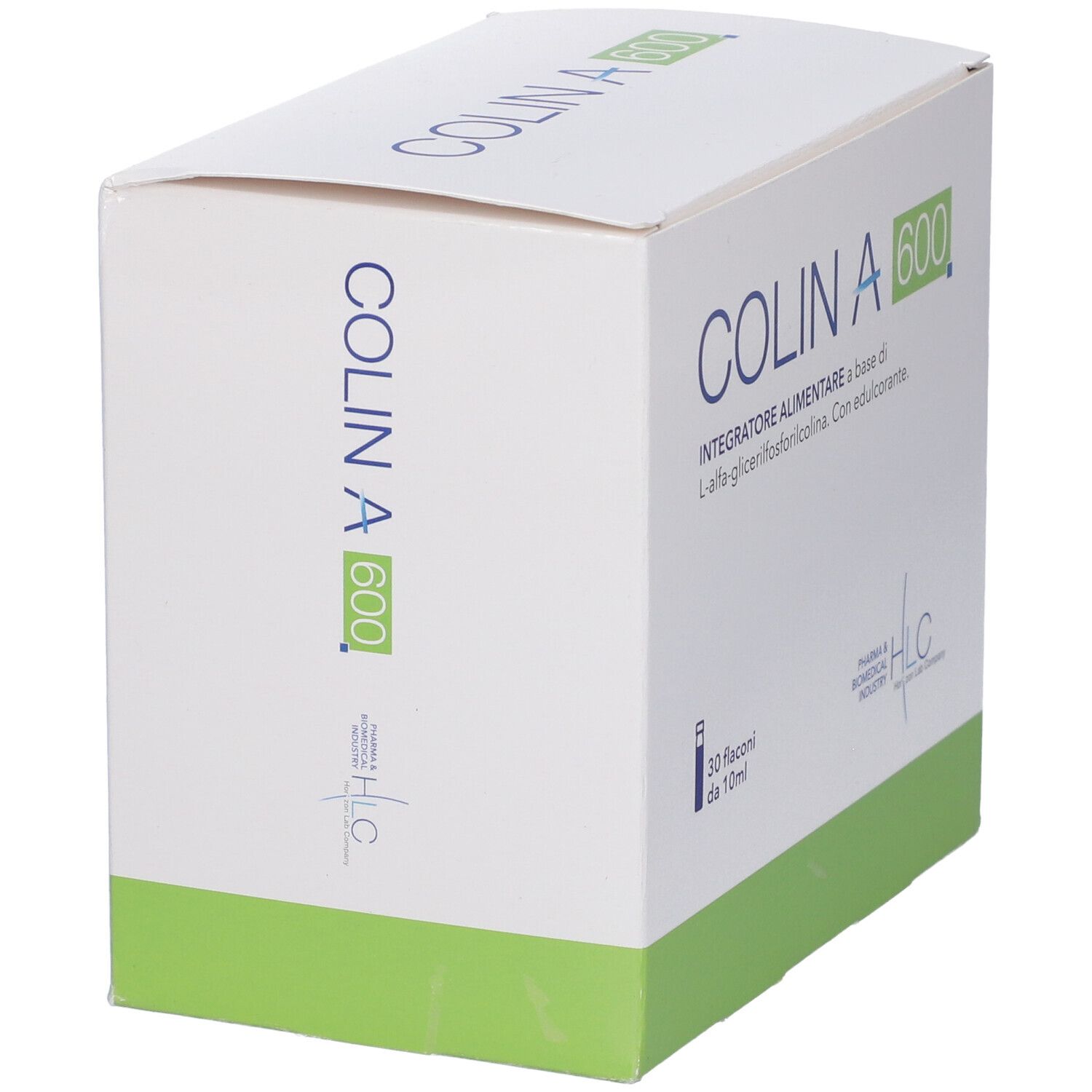 Scatola COLIN A 600, bianca con fascia verde. Testo e logo COLIN A 600. Logo HLC.