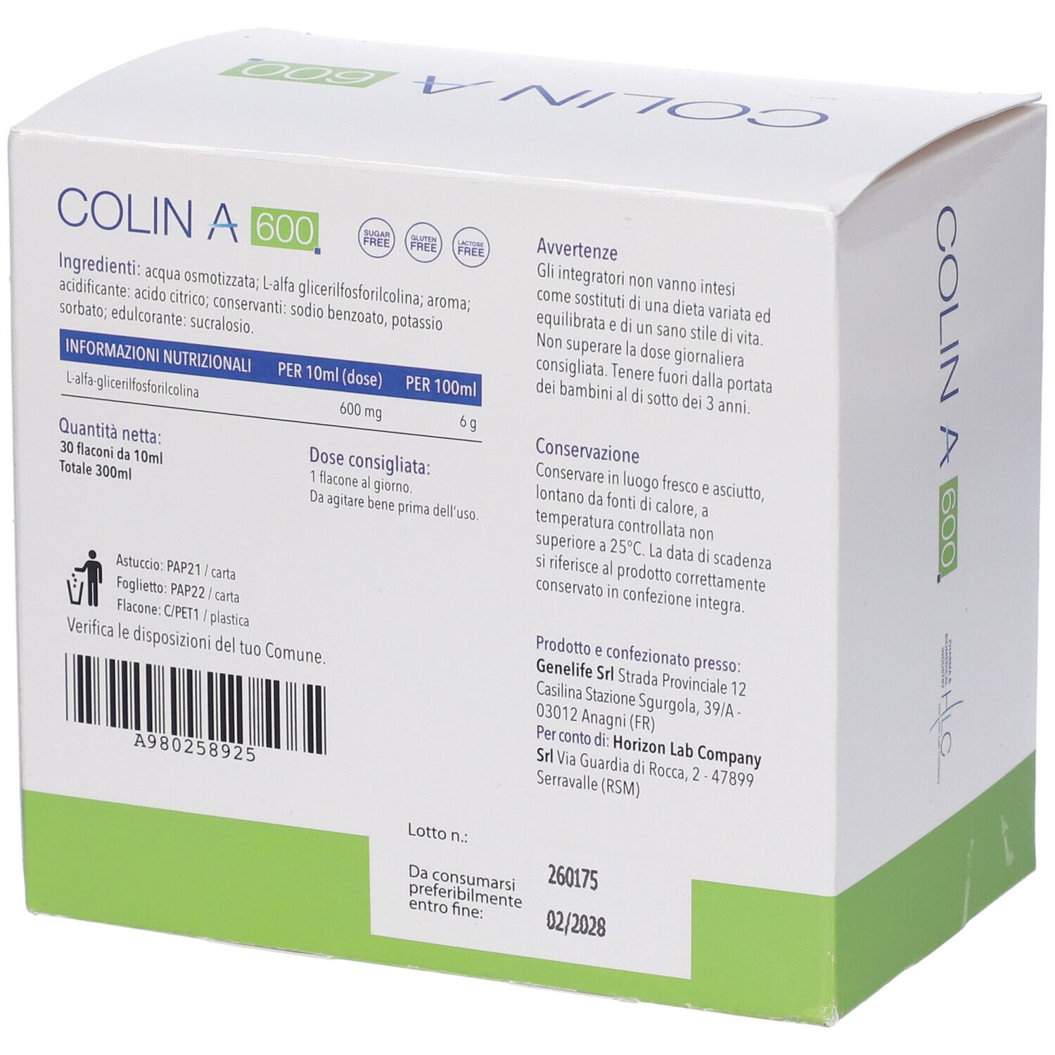 Retro della scatola COLIN A 600. Contiene ingredienti, informazioni nutrizionali e informazioni produttore.