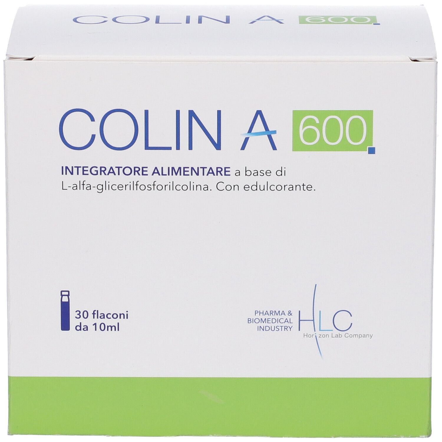 Scatola bianca con logo COLIN A 600. Contiene 30 flaconi. Logo HLC.