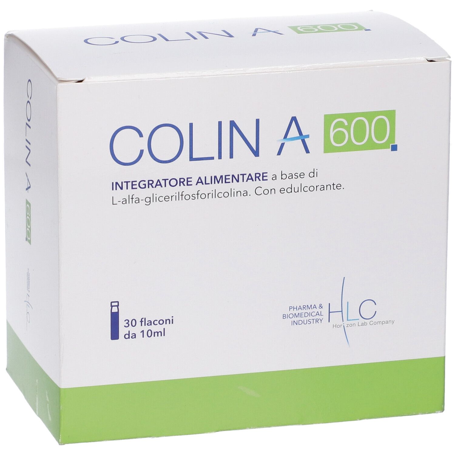 Scatola bianca con logo COLIN A 600. Contiene 30 flaconi. Logo HLC.