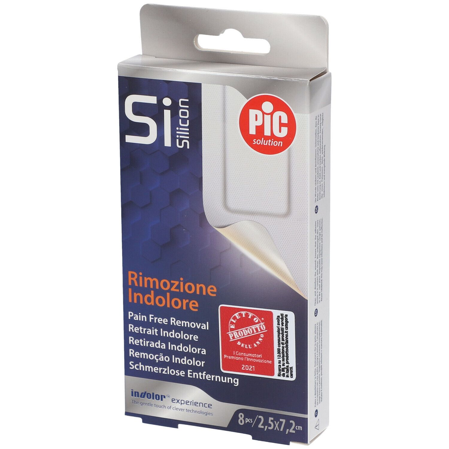 Confezione Si-Silicon con sigillo. Testo: Rimozione Indolore, 8 pezzi, 2,5 x 7,2 cm. Marchio PIC solution.