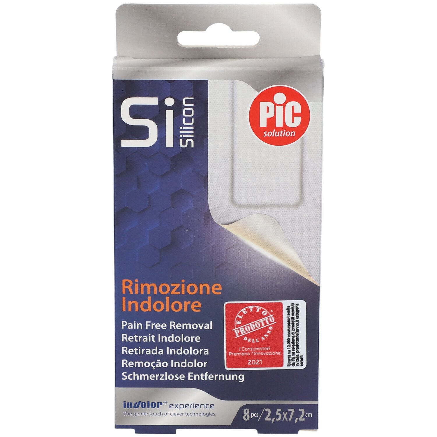 Confezione Si-Silicon con sigillo. Testo: Rimozione Indolore, 8 pezzi, 2,5 x 7,2 cm. Marchio PIC solution.