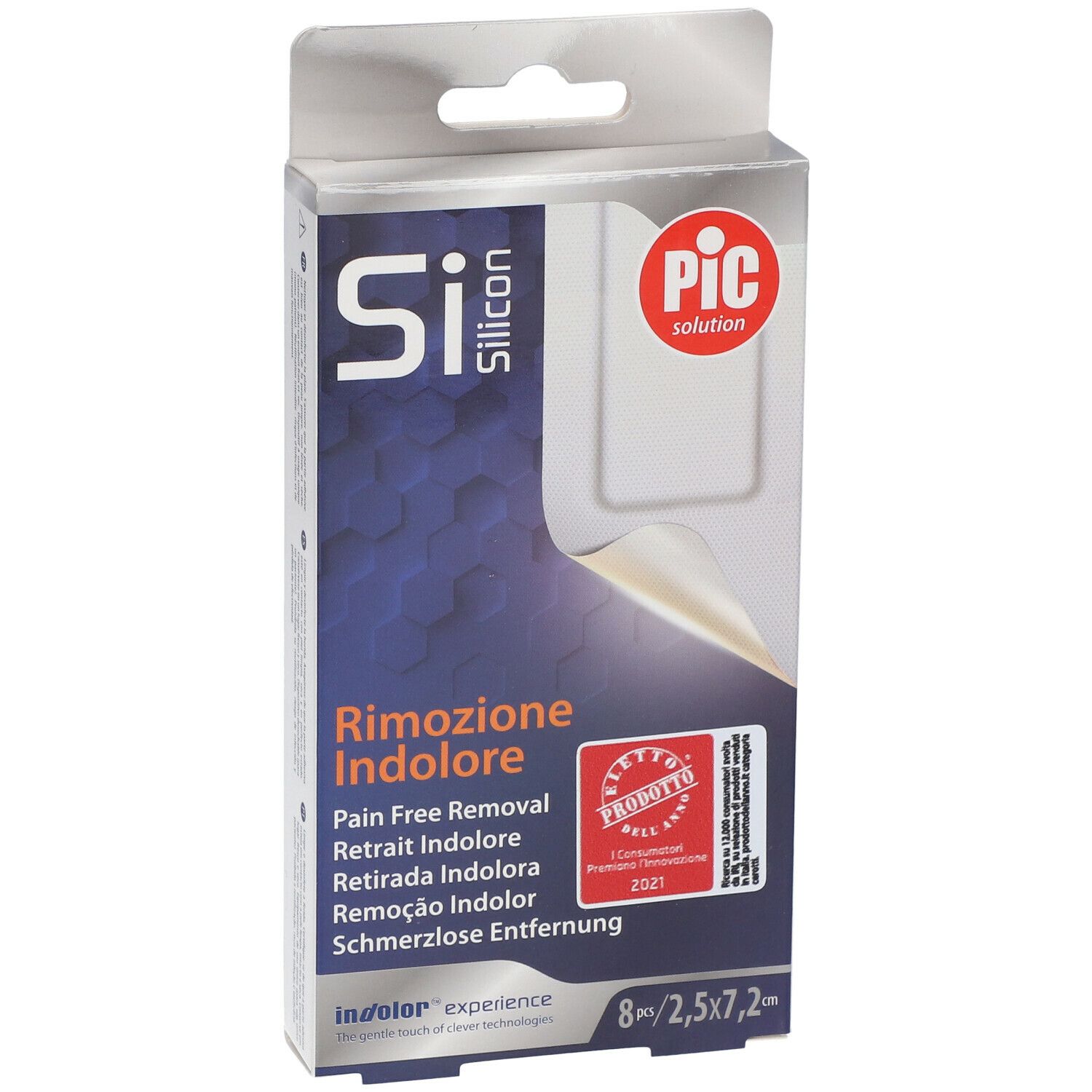 Confezione Si-Silicon con sigillo. Testo: Rimozione Indolore, 8 pezzi, 2,5 x 7,2 cm. Marchio PIC solution.
