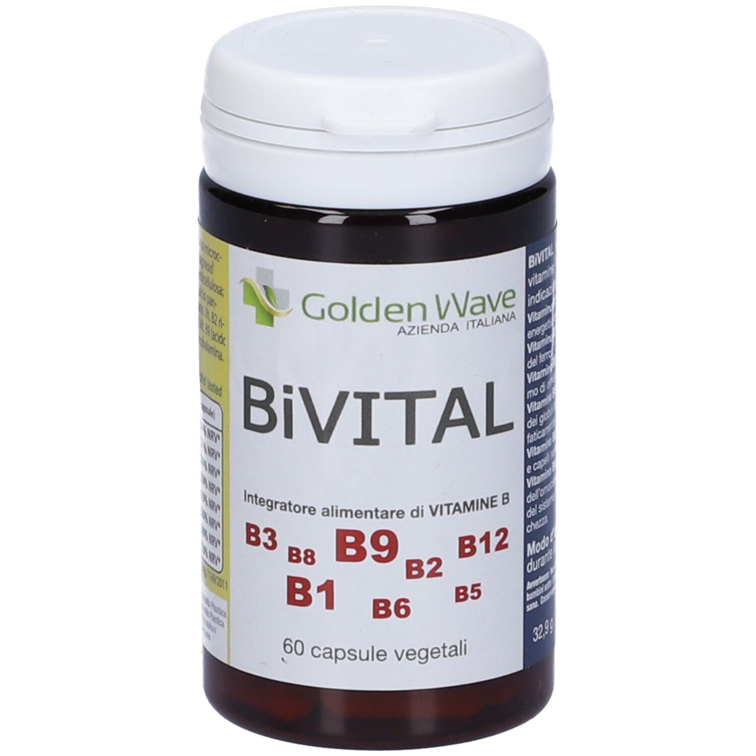 Flacone marrone con coperchio bianco. Scritta: Bivital, 60 capsule vegetali. Contiene vitamine B.