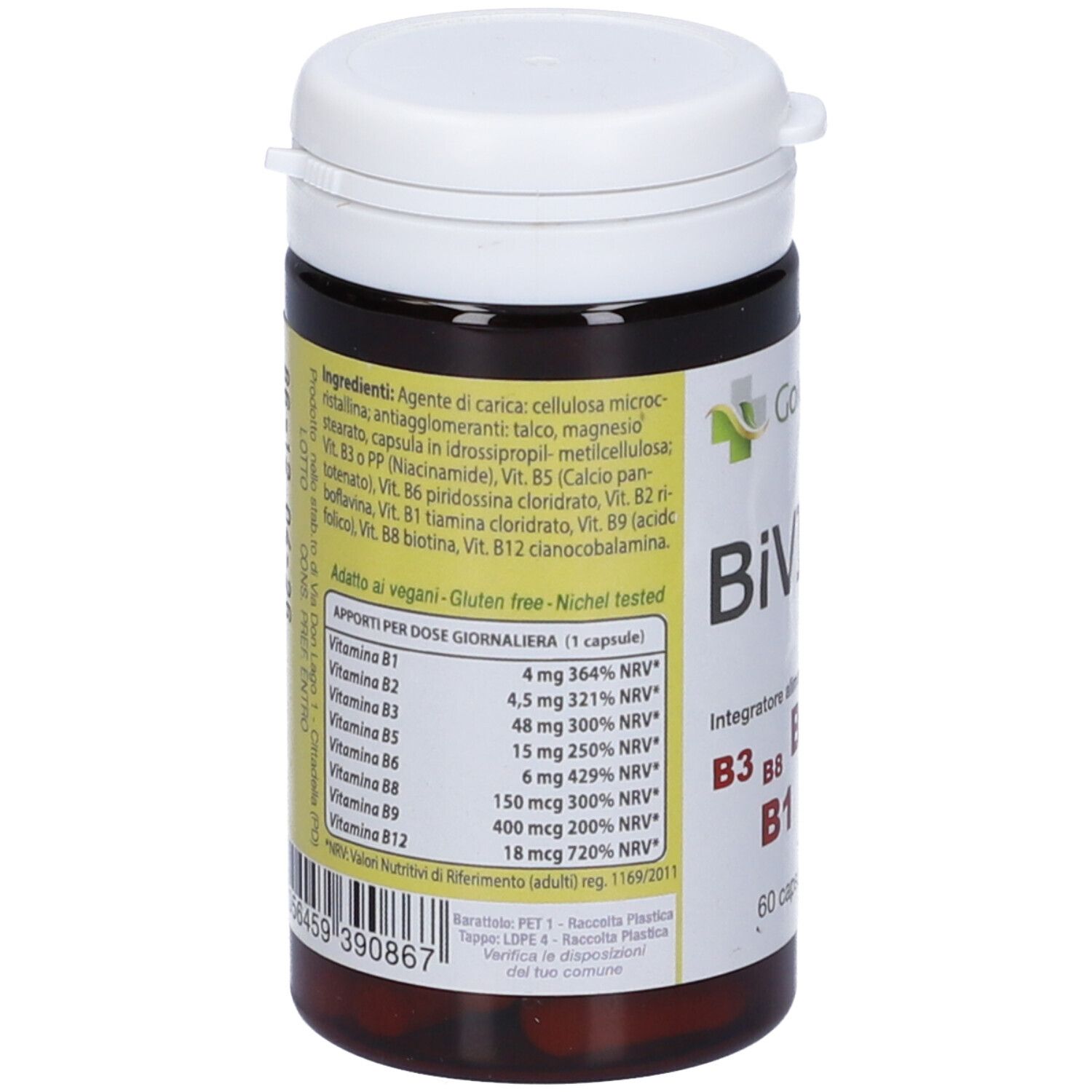Flacone marrone con coperchio bianco. Scritta: Bivital, 60 capsule vegetali. Lista ingredienti.