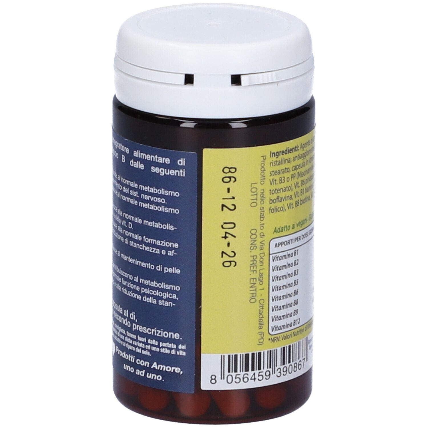 Flacone marrone con coperchio bianco. Scritta: Bivital, 60 capsule vegetali. Retro con testo e data.