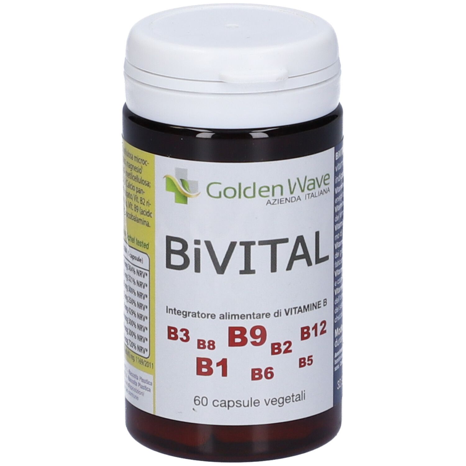 Flacone marrone con coperchio bianco. Scritta: Bivital, 60 capsule vegetali. Contiene vitamine B.