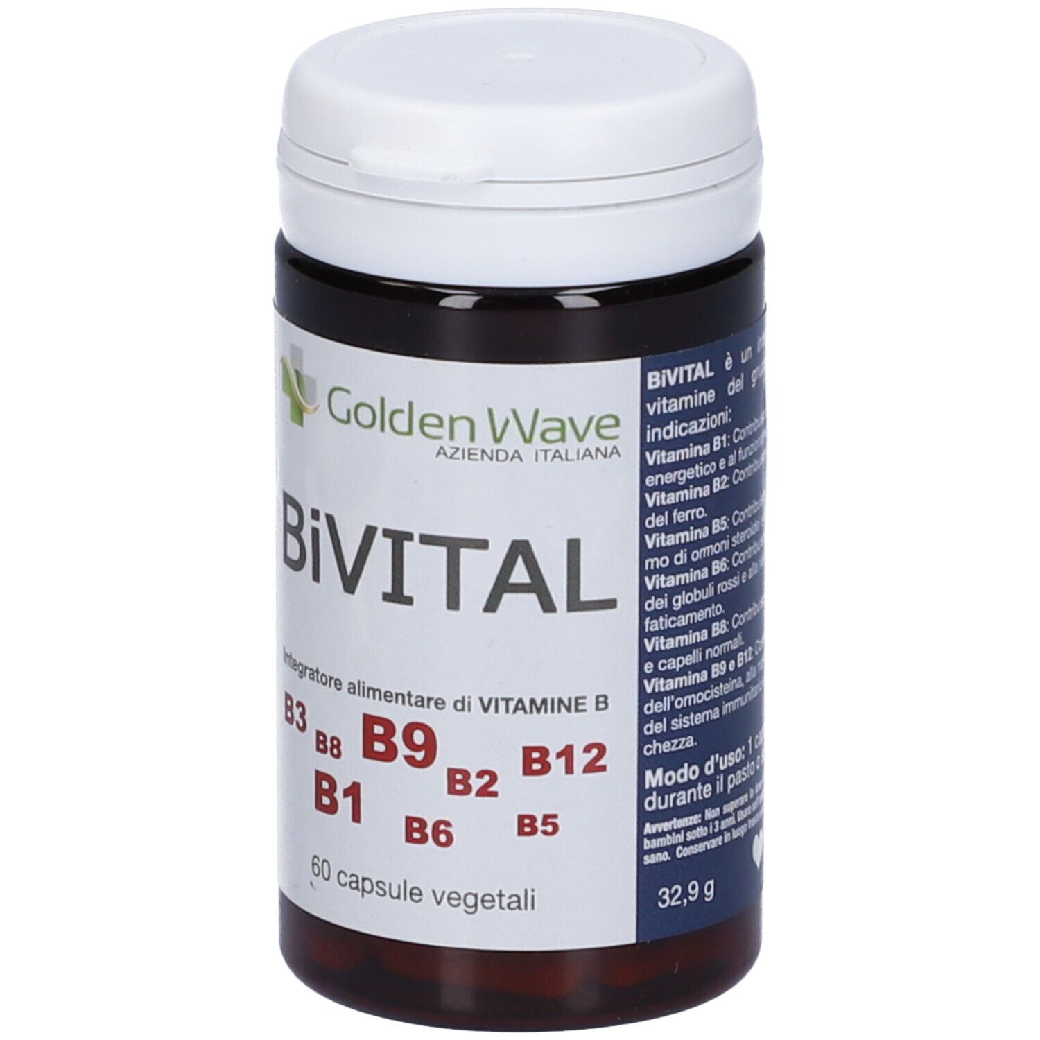 Flacone marrone con coperchio bianco. Scritta: Bivital, 60 capsule vegetali. Contiene vitamine B. Testo.