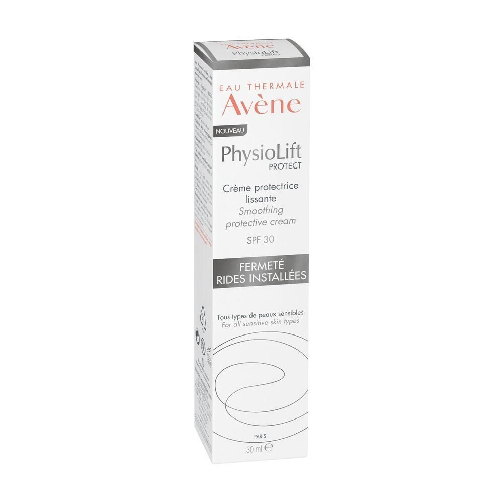 Confezione in cartone. Scritta: Eau Thermale Avène, PhysioLift PROTECT, Crème protectrice lissante, SPF 30. Nuovo.