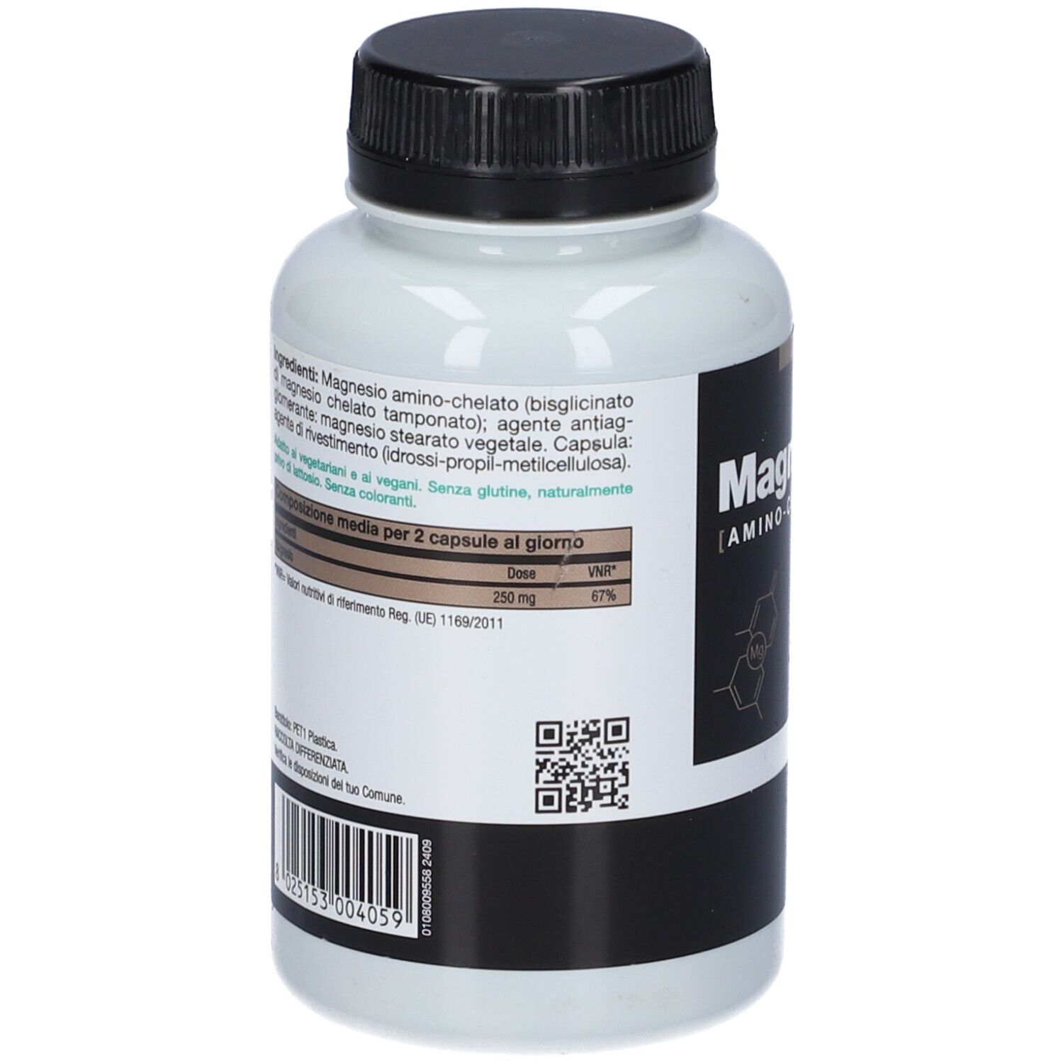 Retro del flacone bianco. Testo con ingredienti e informazioni nutrizionali. Codice QR e codice a barre.
