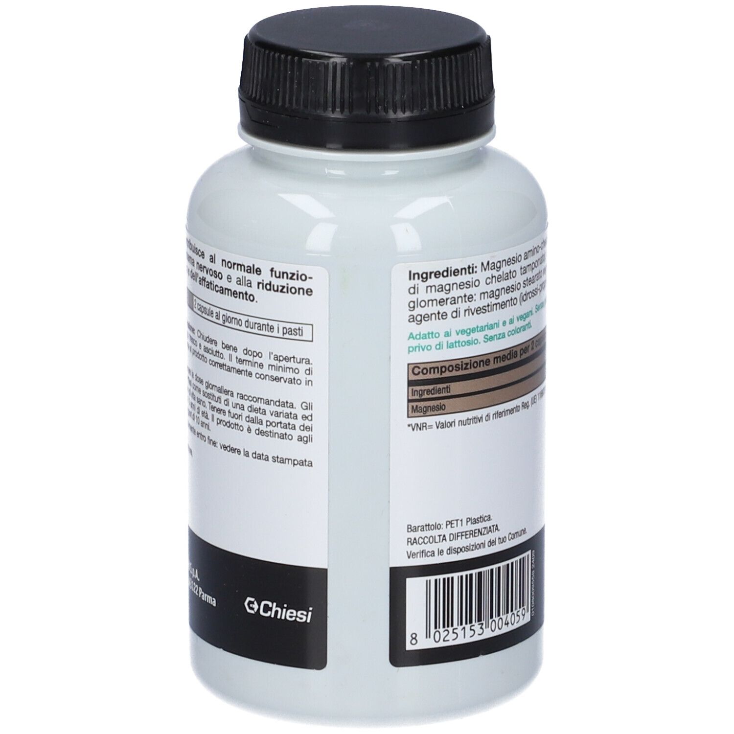 Retro del flacone bianco. Testo con ingredienti e informazioni nutrizionali. Codice QR e codice a barre.
