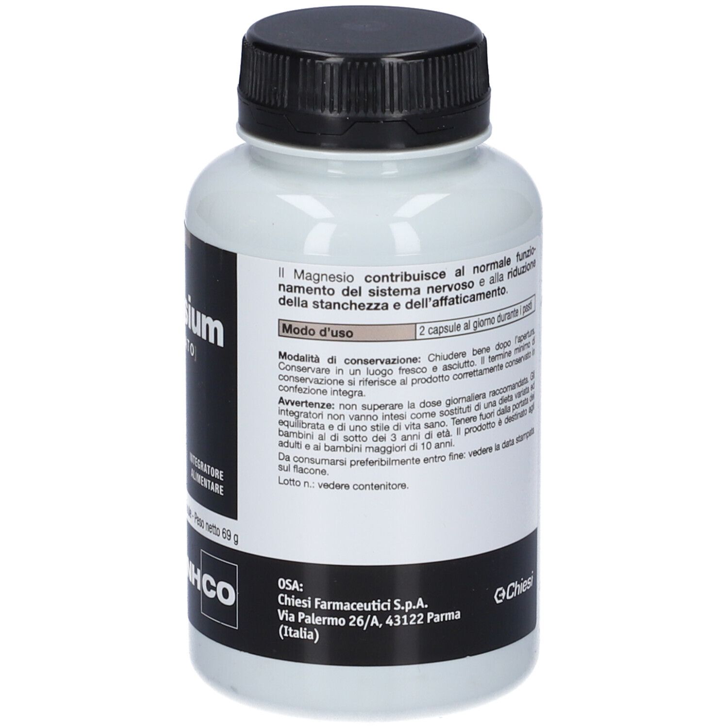 Flacone bianco con tappo nero. Scritta Magnesium, 84 capsule, logo NHCO. Etichetta nera.