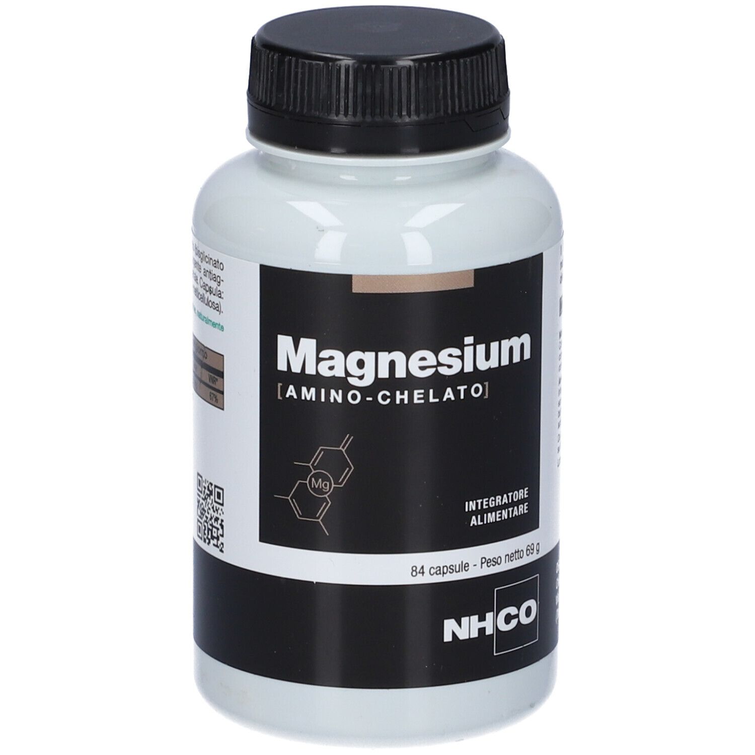 Flacone bianco con tappo nero. Scritta Magnesium, 84 capsule, logo NHCO. Etichetta nera.