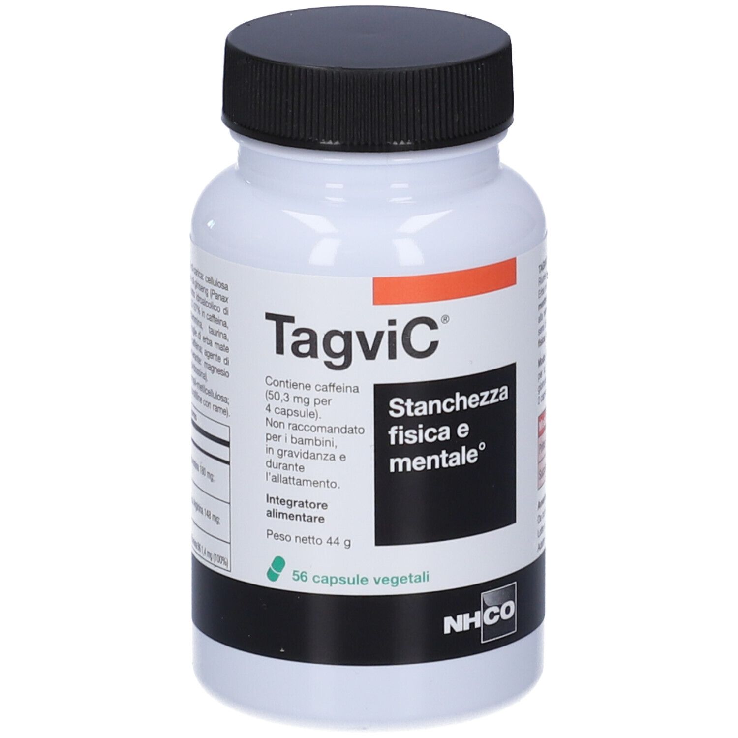 Flacone bianco, tappo nero. Scritto: Tagvic, Stanchezza fisica e mentale. 56 capsule. Marchio NHCO.