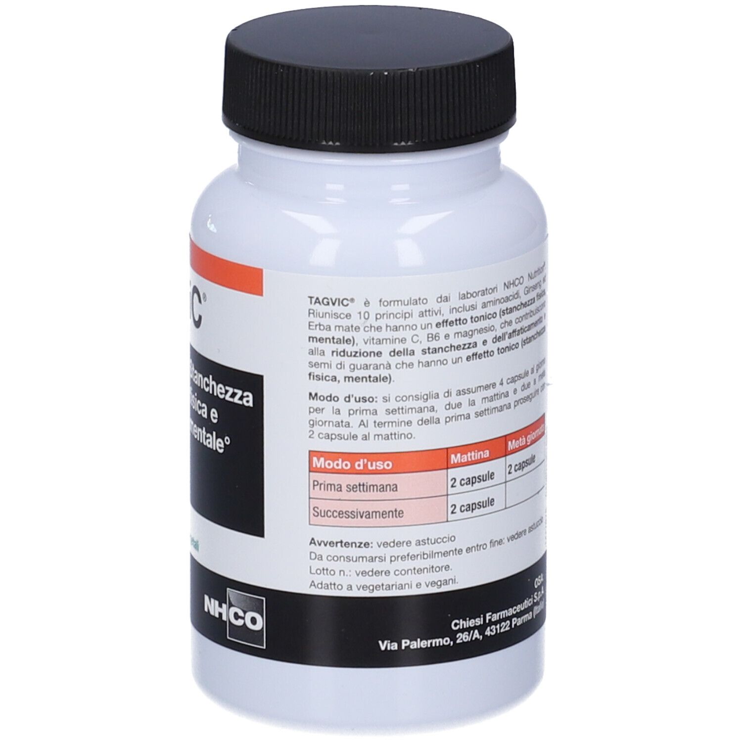 Flacone bianco, tappo nero. Retro con dosaggio e informazioni produttore. Marchio Chiesi.