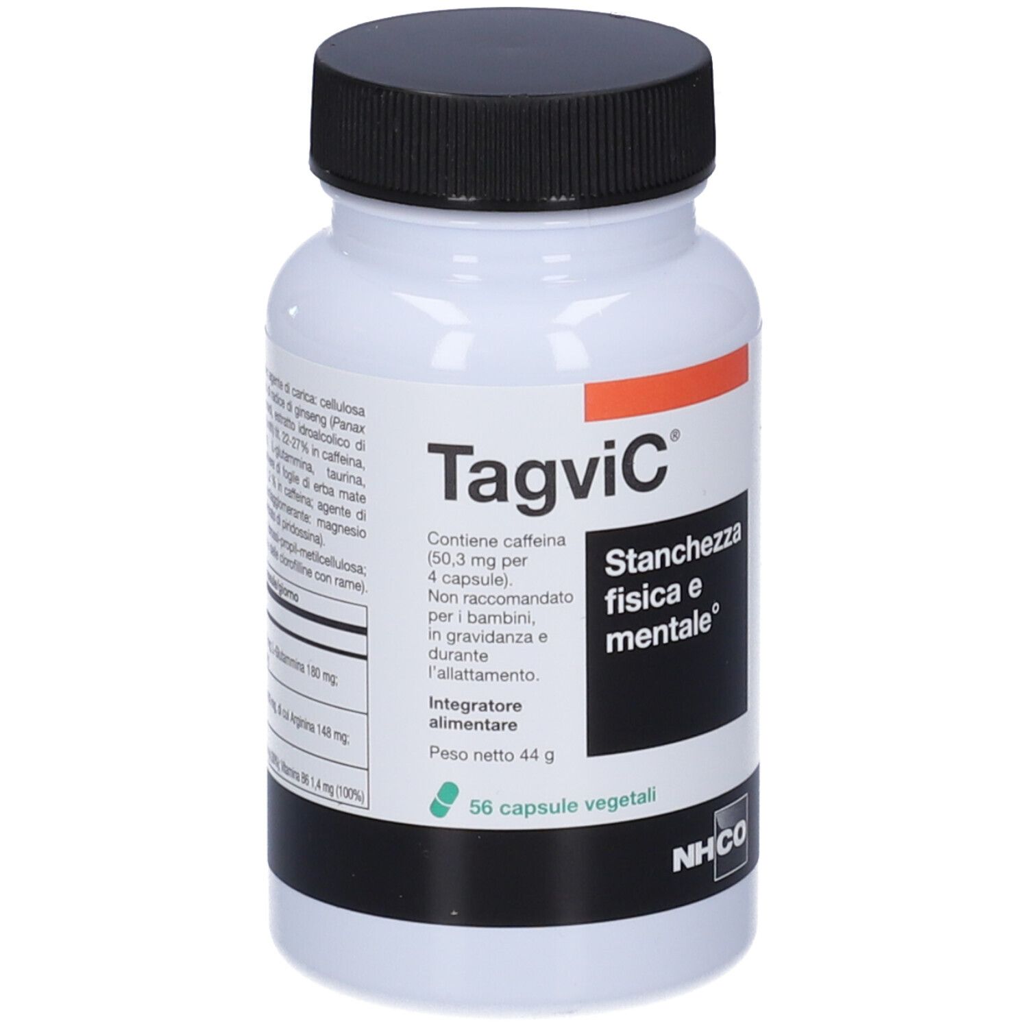 Flacone bianco, tappo nero. Scritto: Tagvic, Stanchezza fisica e mentale. 56 capsule. Marchio NHCO.