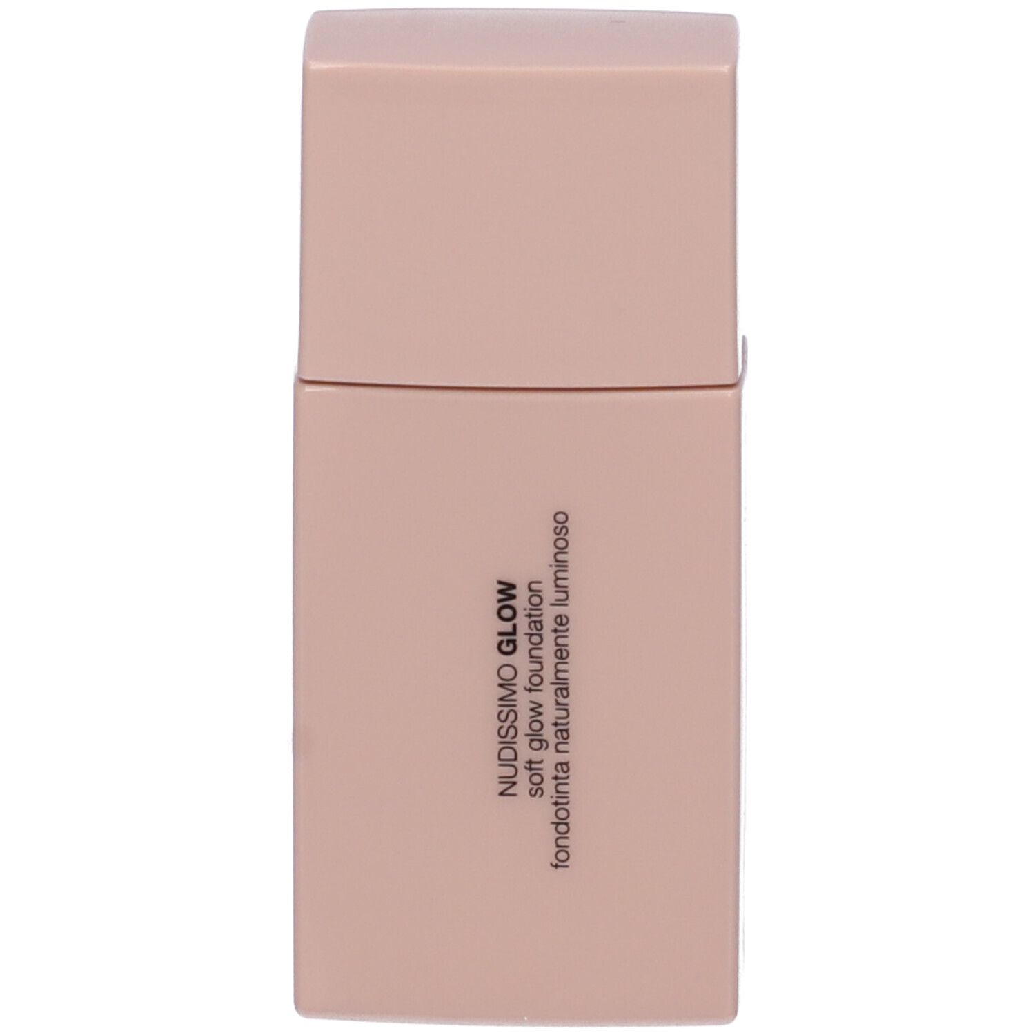 Flacone cosmetico beige con coperchio. Scritta: Nudissimo Glow, Soft Glow Foundation.