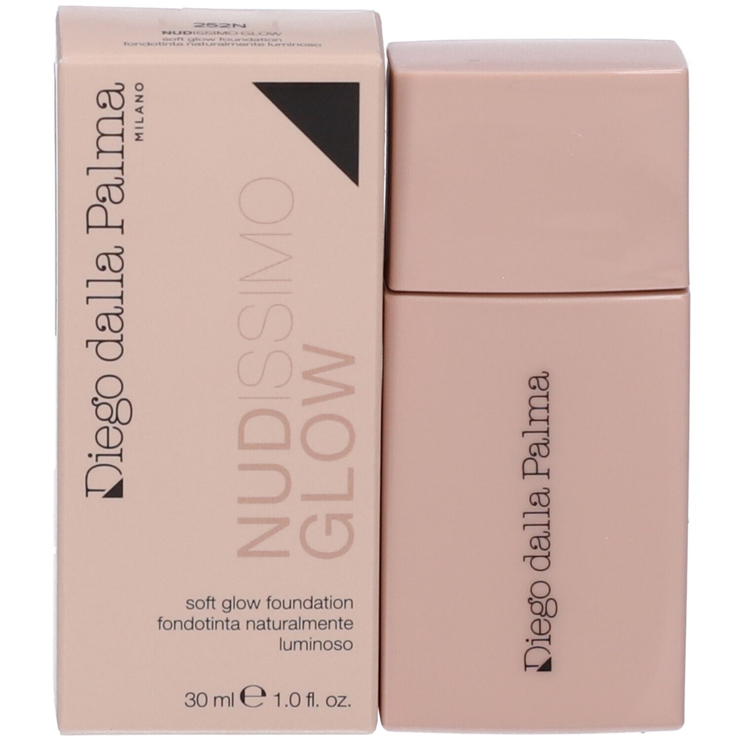Confezione e flacone beige. Scritta: Diego dalla Palma, Nudissimo Glow, 30 ml.
