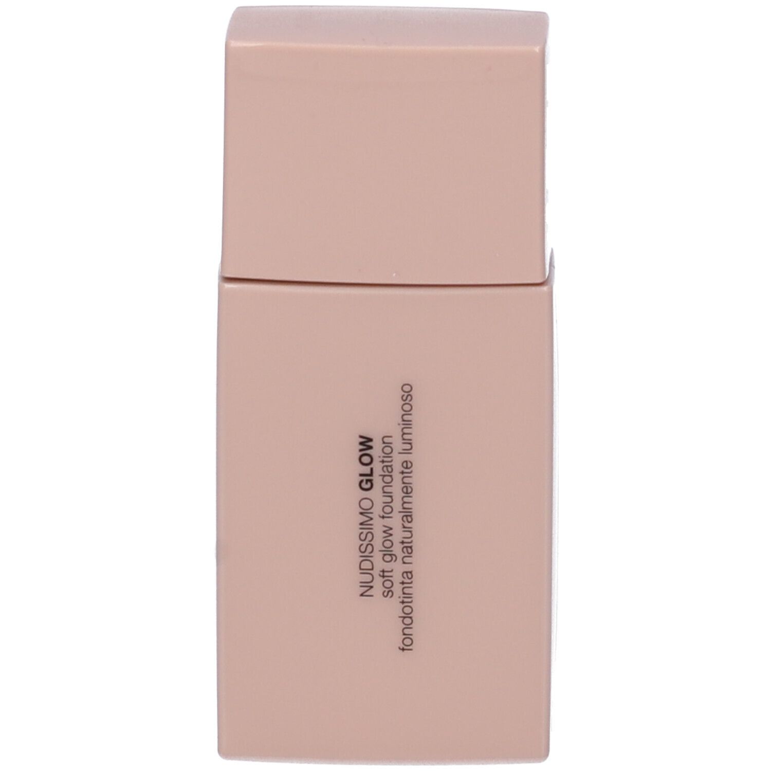 Flacone beige con tappo. Scritta: Nudissimo Glow, Soft Glow Foundation.