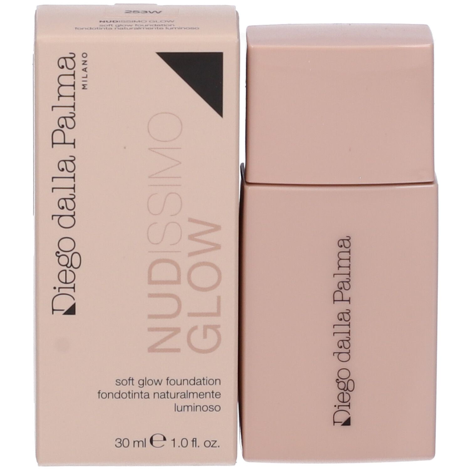 Confezione e flacone beige. Scritta: Nudissimo Glow, Soft Glow Foundation, 30 ml.