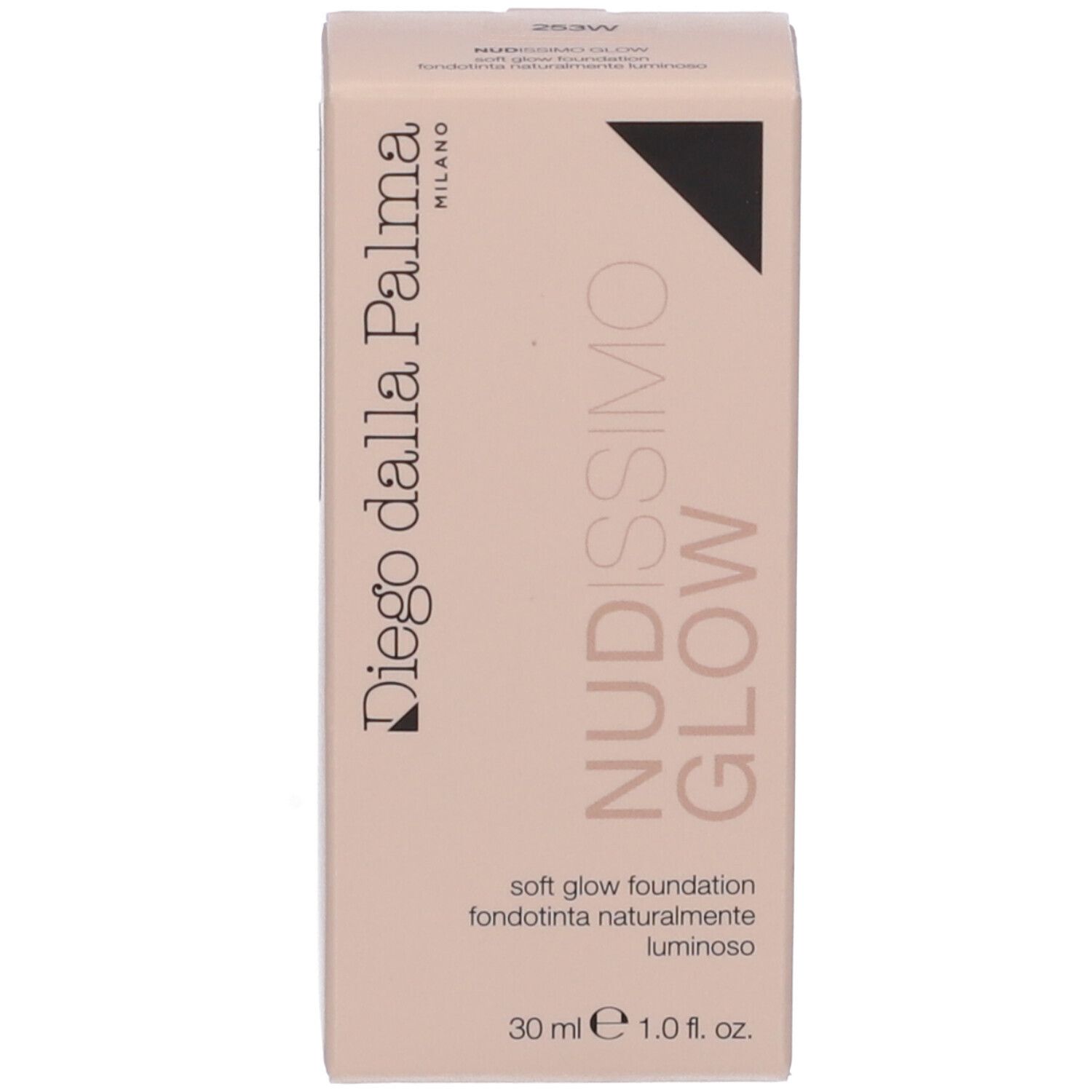 Confezione beige. Scritta: Nudissimo Glow, Soft Glow Foundation, 30 ml.