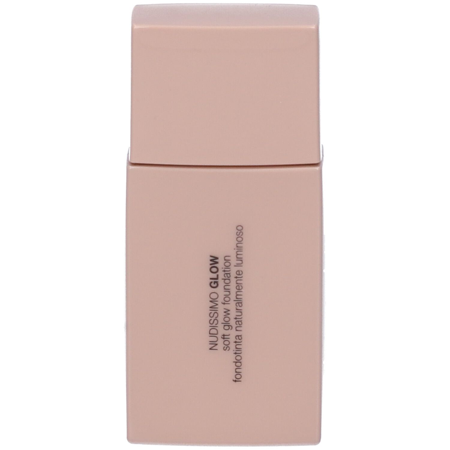 Flacone beige con tappo. Scritta Nudissimo Glow, Soft Glow Foundation. Cosmetico.