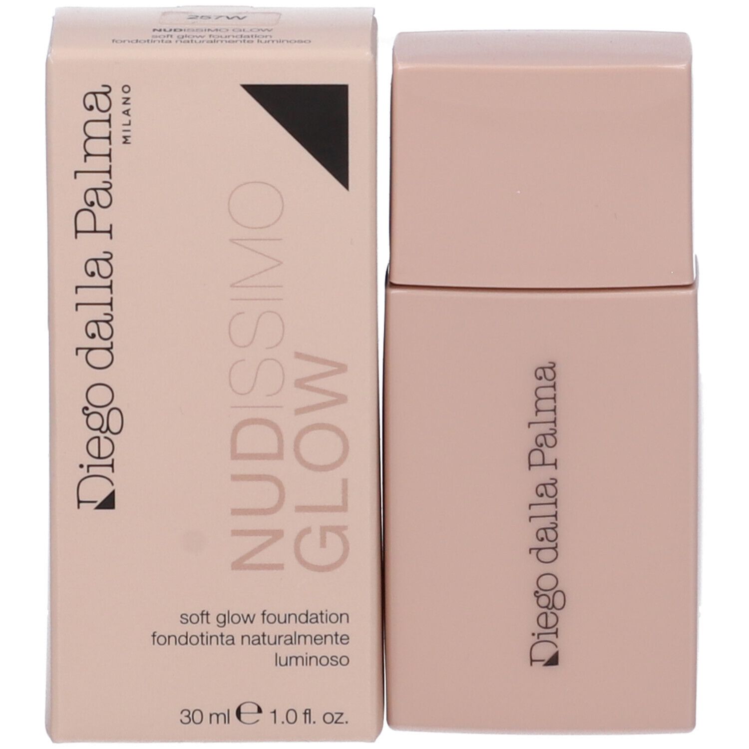 Confezione e flacone beige. Scritta Diego dalla Palma, Nudissimo Glow. 30 ml.