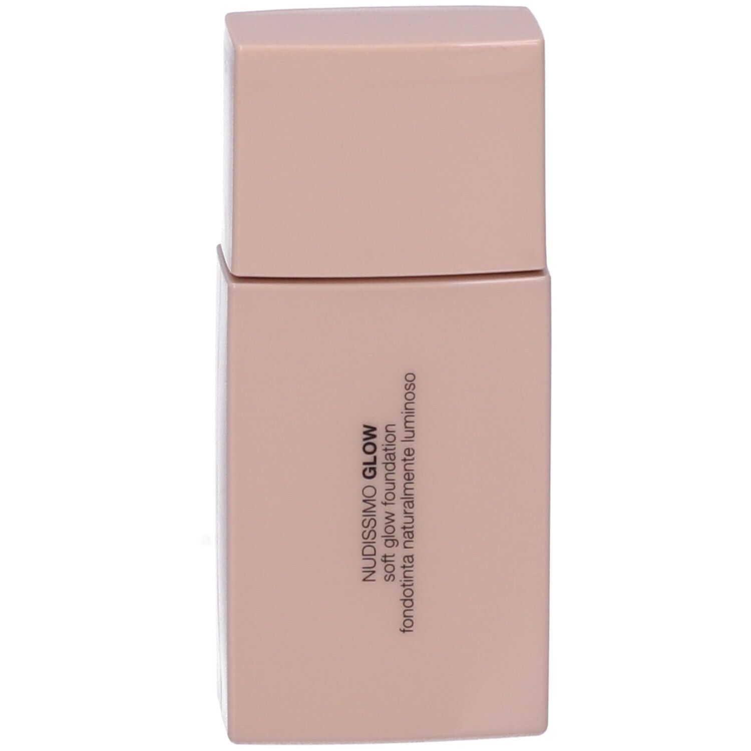 Flacone beige con tappo. Scritta: Nudissimo Glow, Soft Glow Foundation.