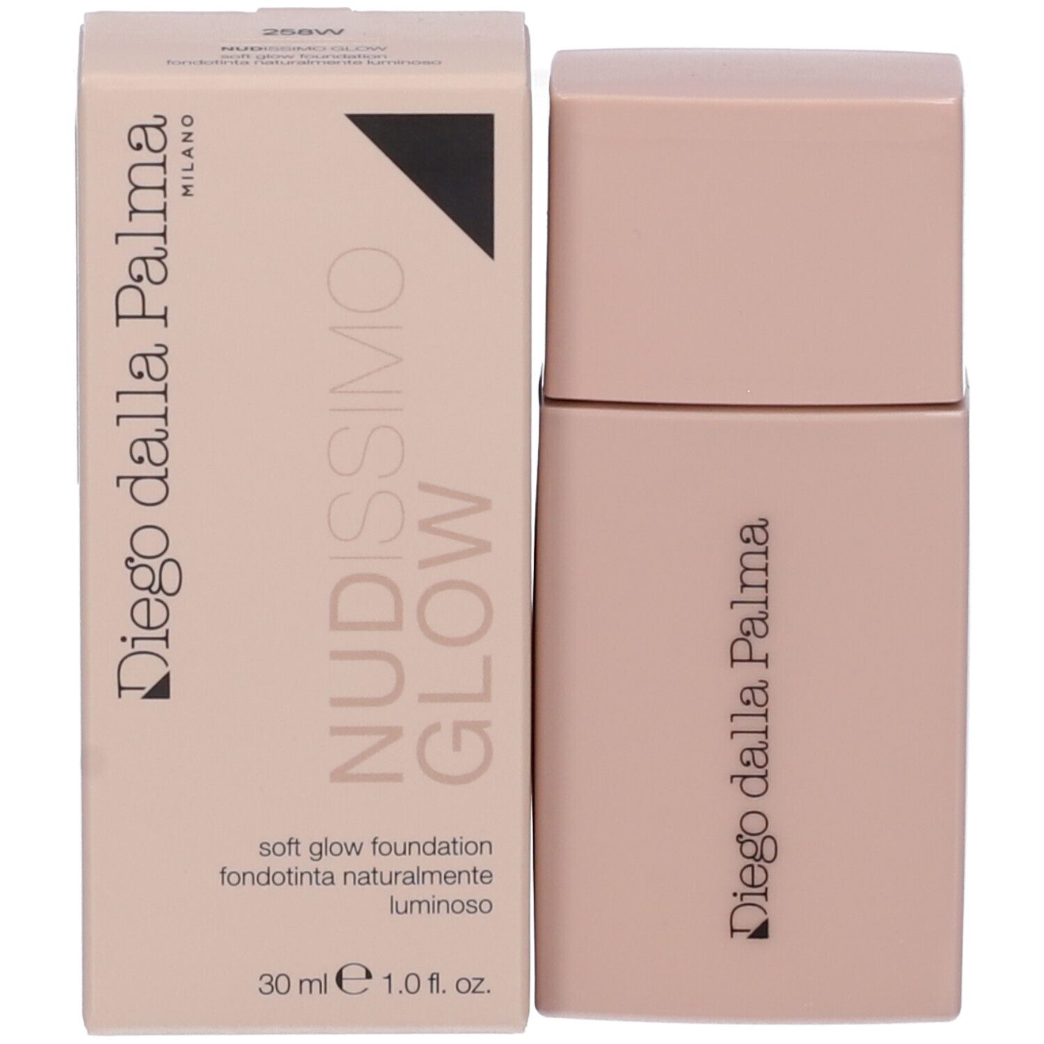 Confezione e flacone beige. Scritta: Nudissimo Glow, Diego dalla Palma, 30 ml.