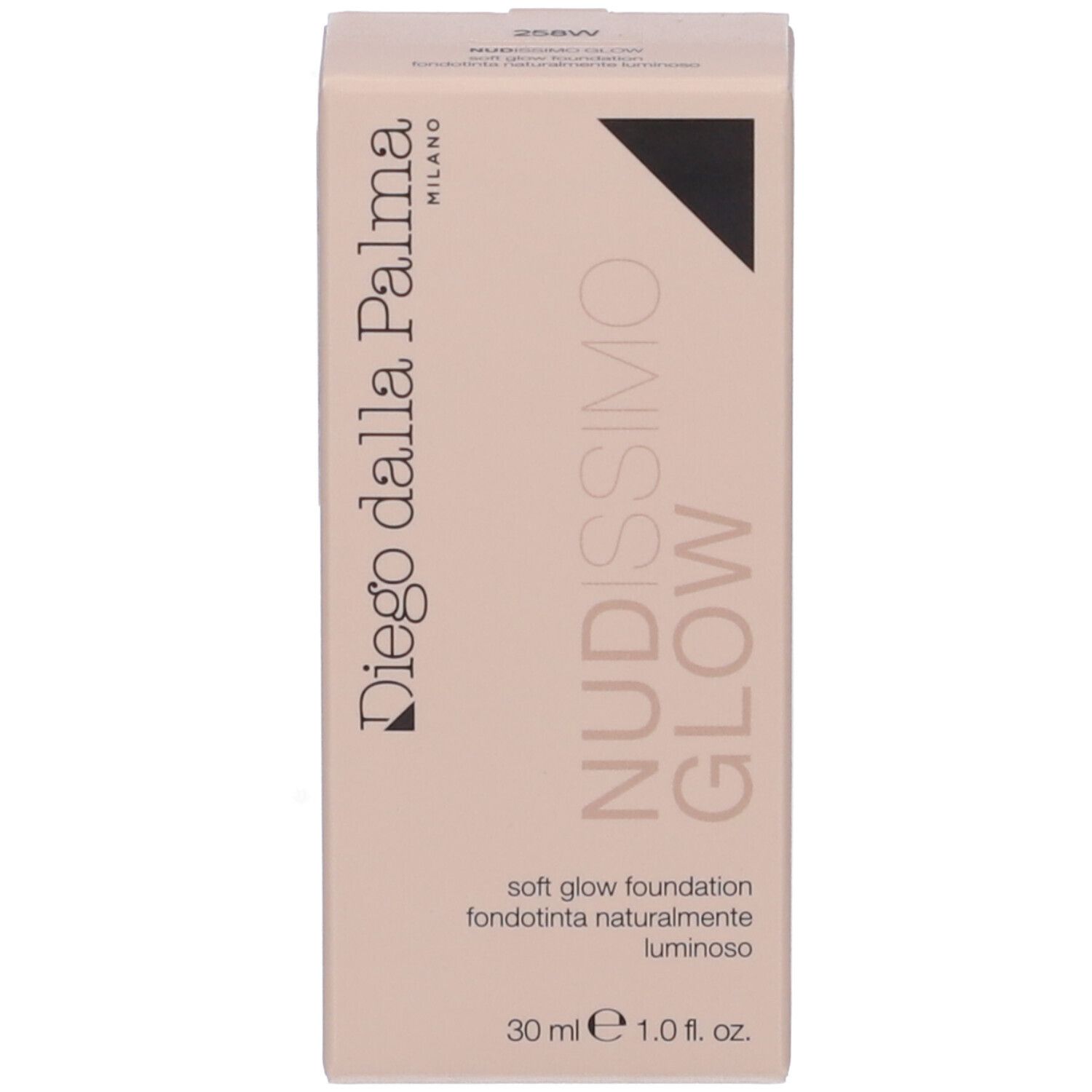 Confezione beige. Scritta: Nudissimo Glow, Diego dalla Palma, 30 ml.